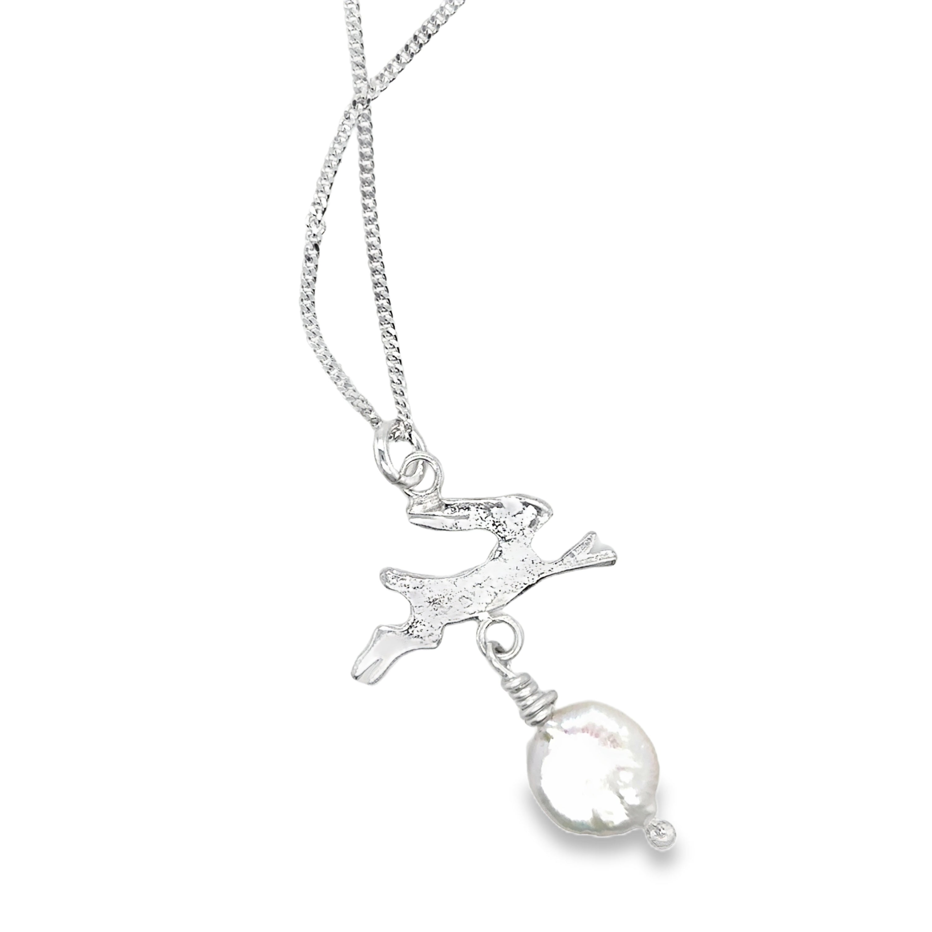 Silver necklace with a Hare pendant and pearl on a white background