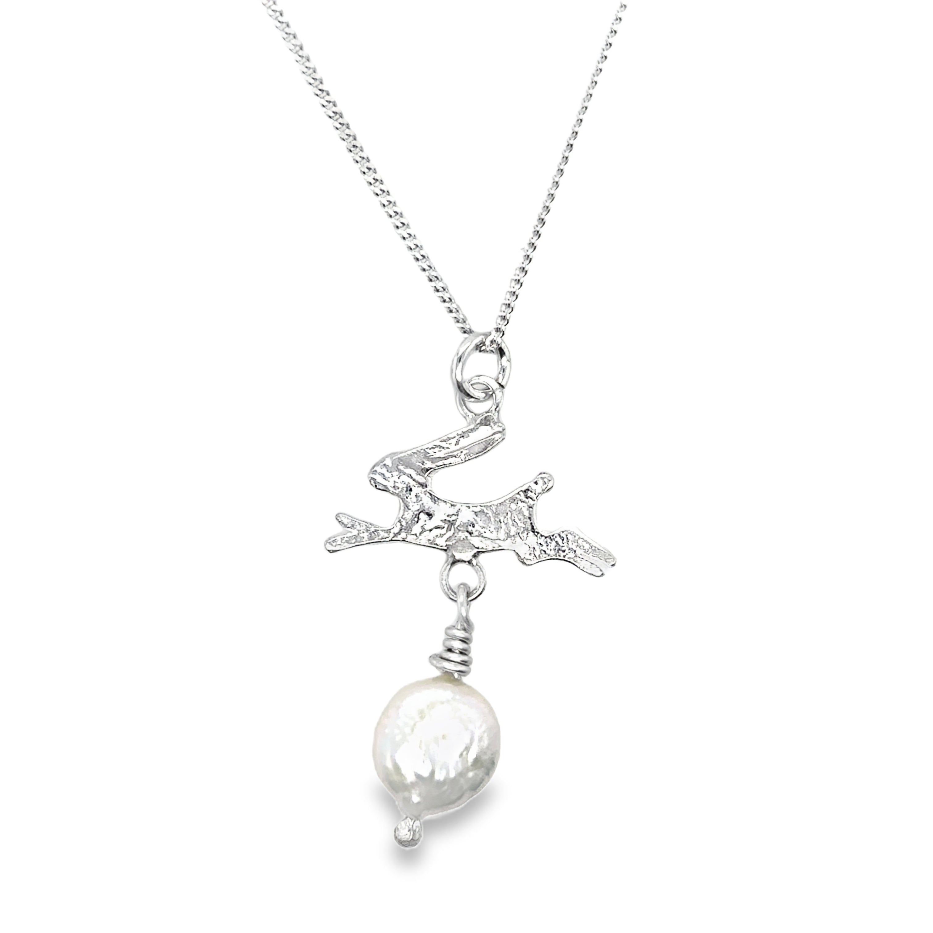 Silver necklace with a pendant featuring a Hare and a pearl on a white background
