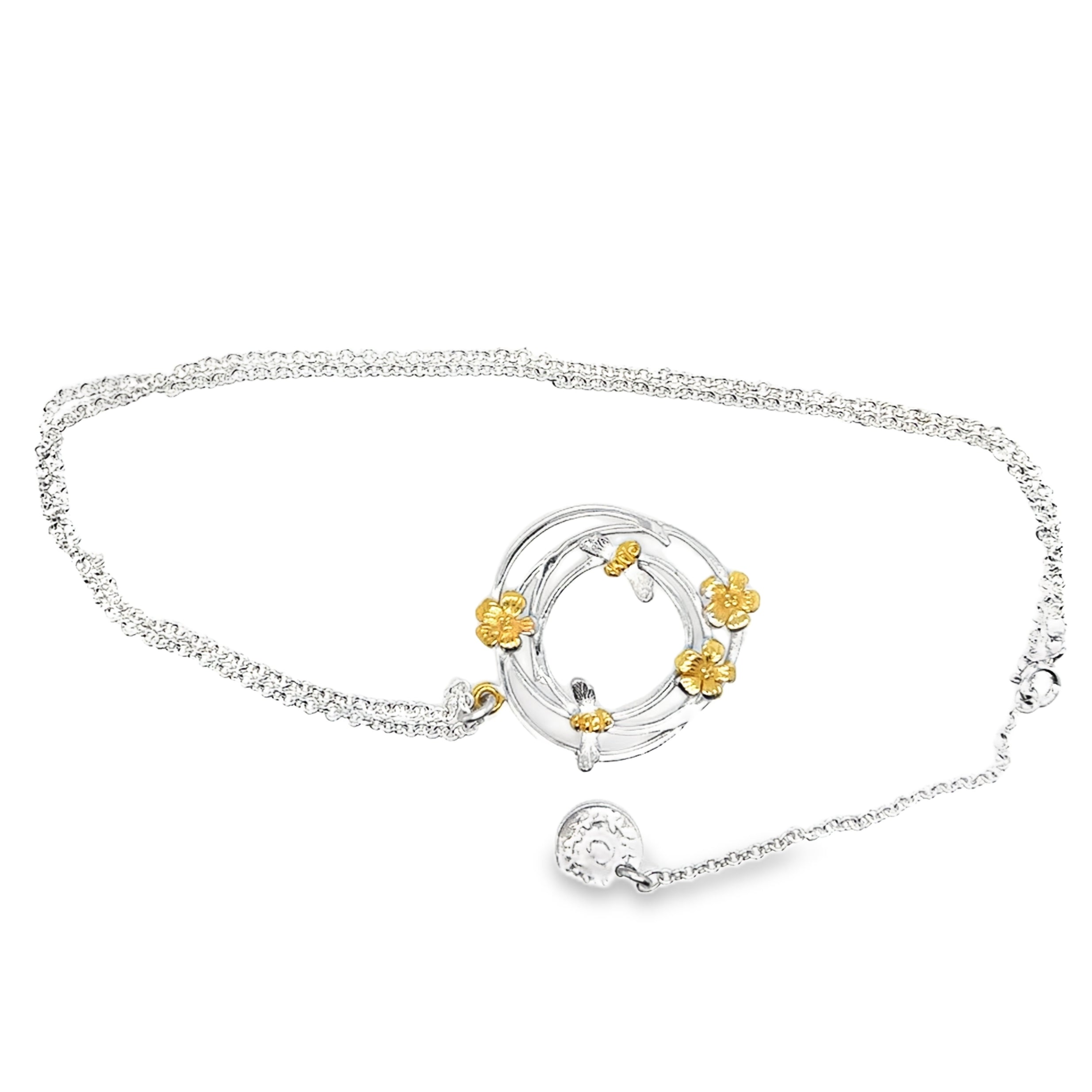 silver swirl with tiny bees and flowers Necklace