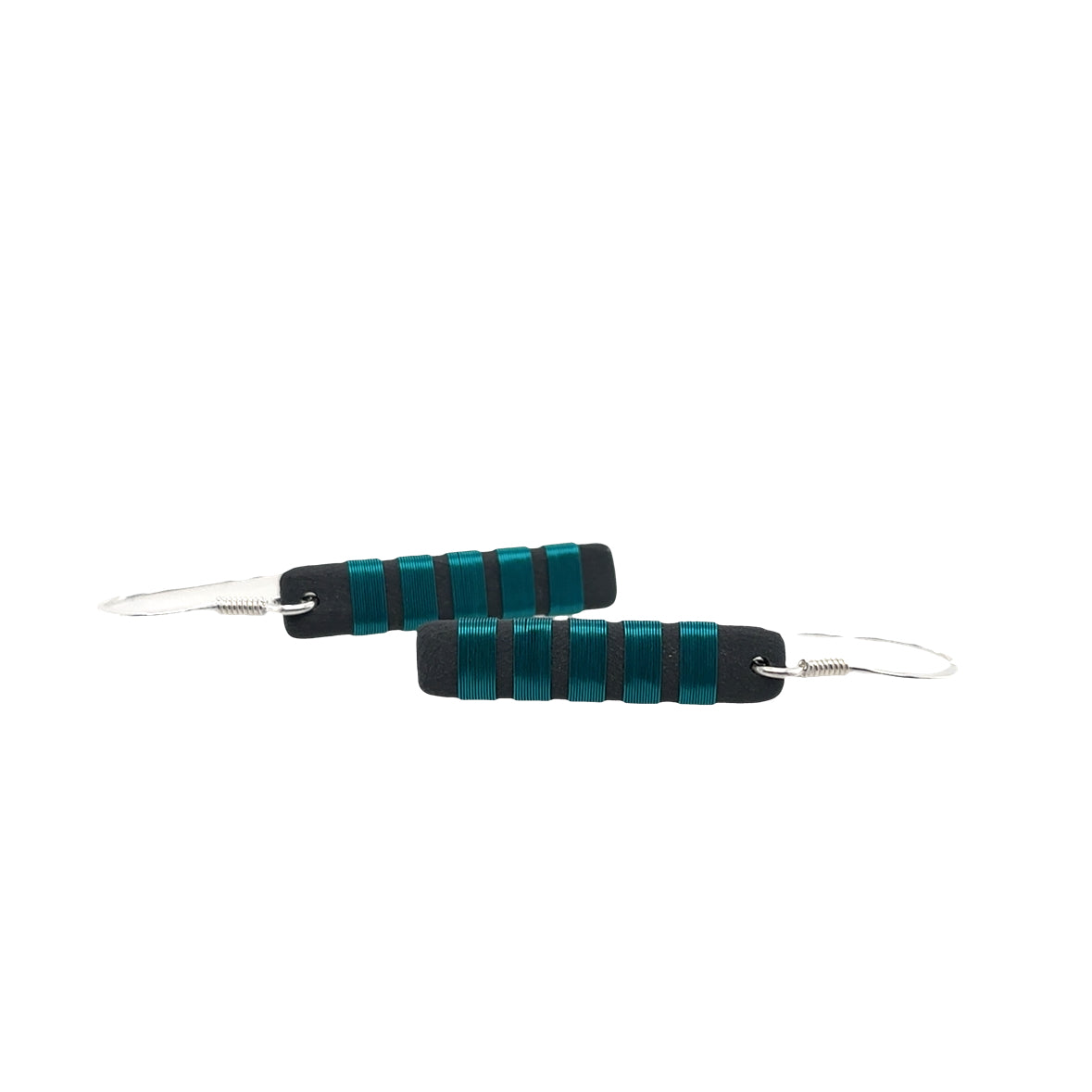 Black porcelain wrapped with sterling silver Aqua wire Earrings