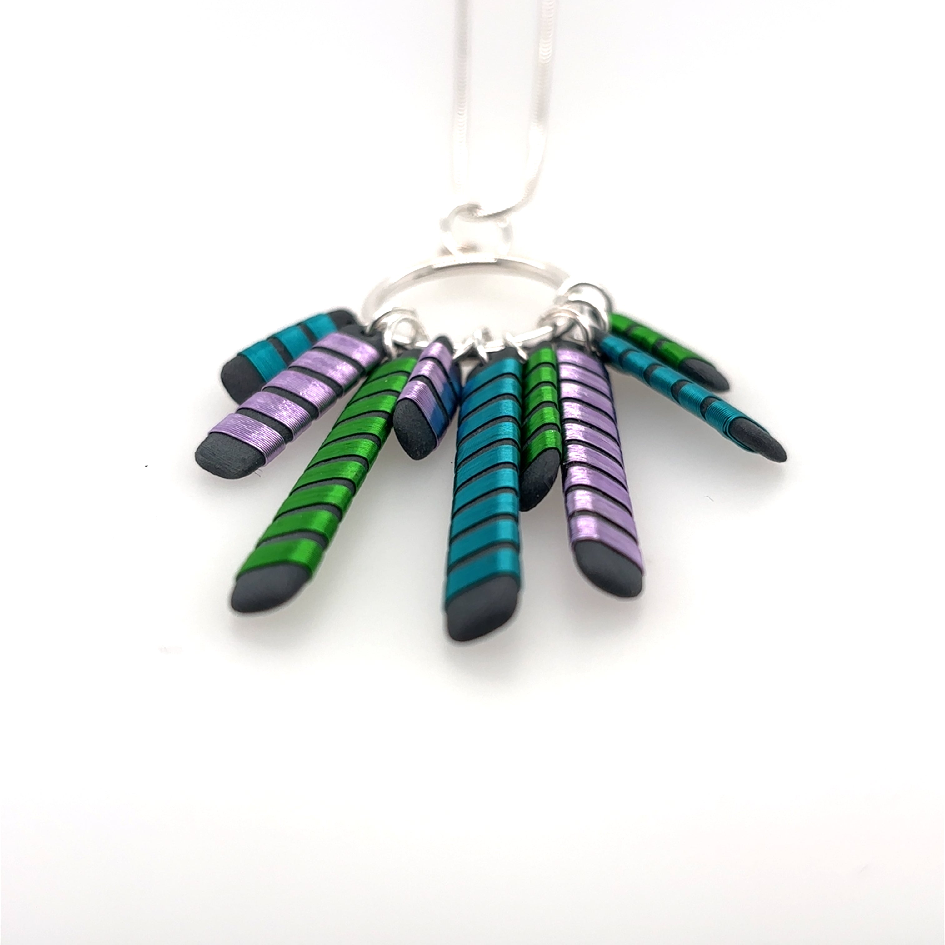 Black porcelain wrapped with sterling silver Multi coloured wire Necklace