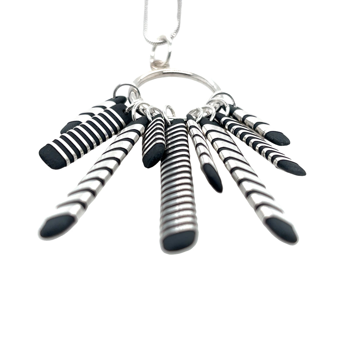 Black porcelain Multi Tassle pendant wrapped with sterling silver wire