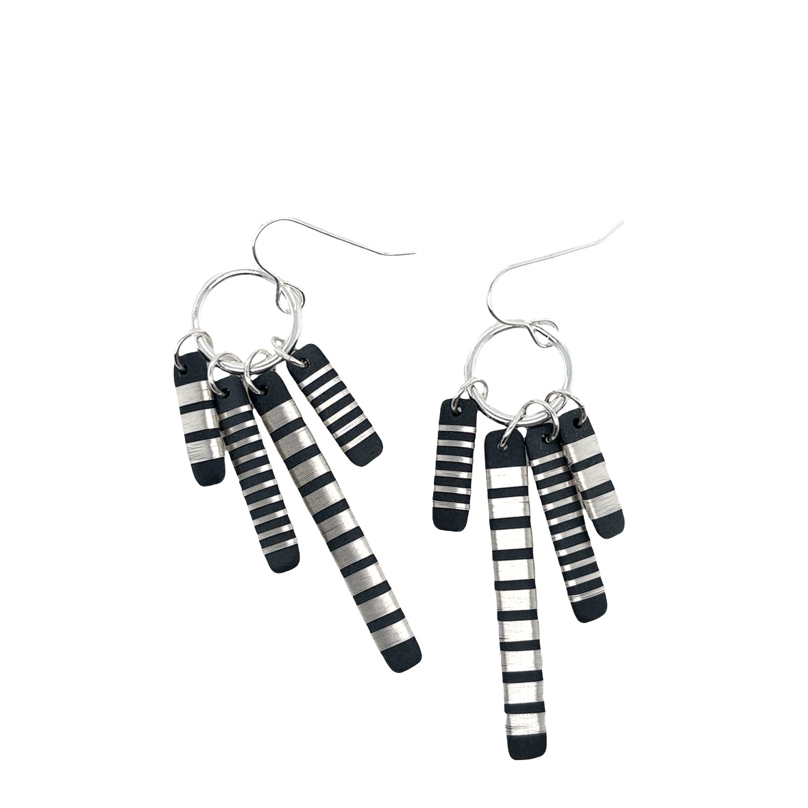 Black porcelain wrapped with sterling silver Aqua wire Tassel Earrings