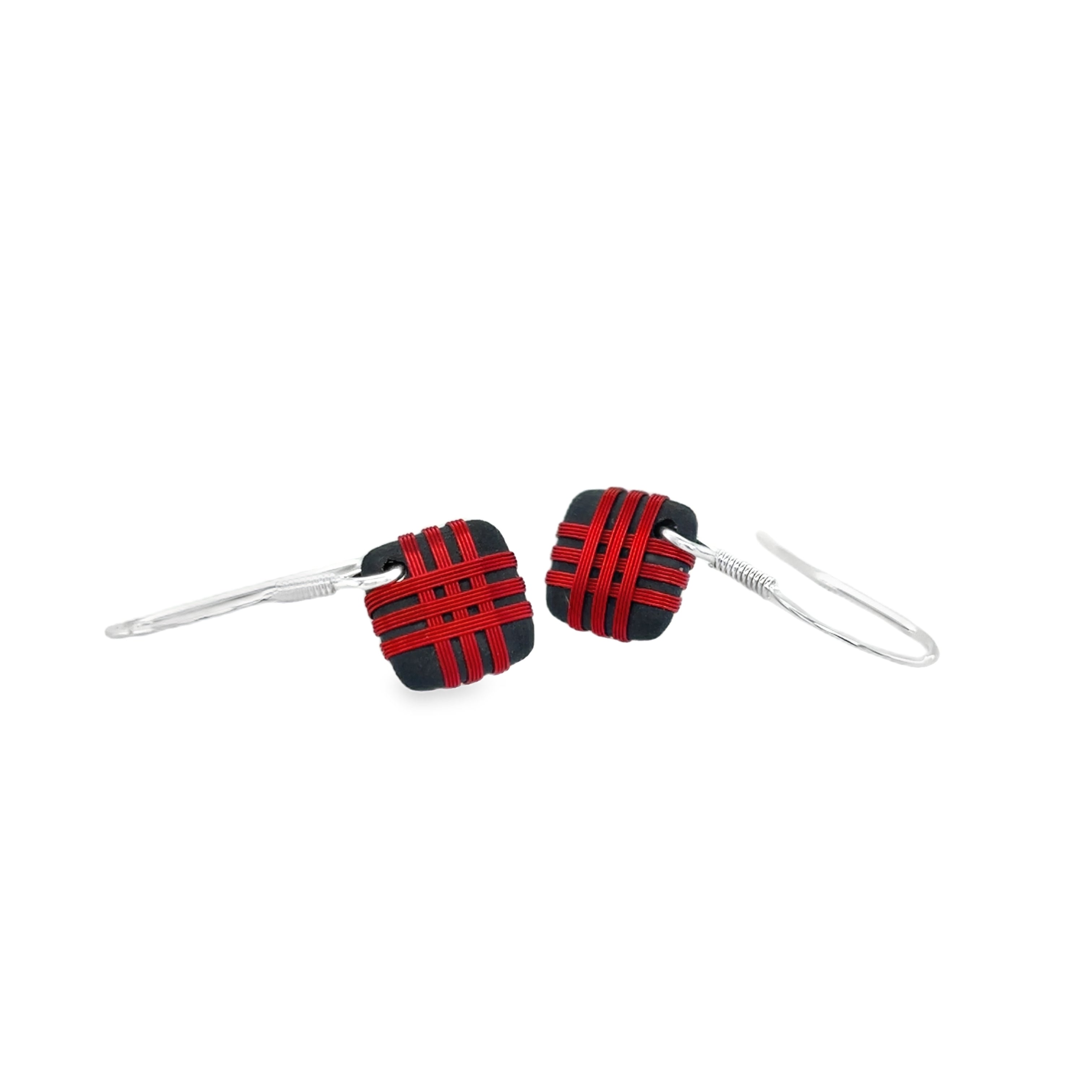 Black porcelain wrapped with red Silver wire Earrings