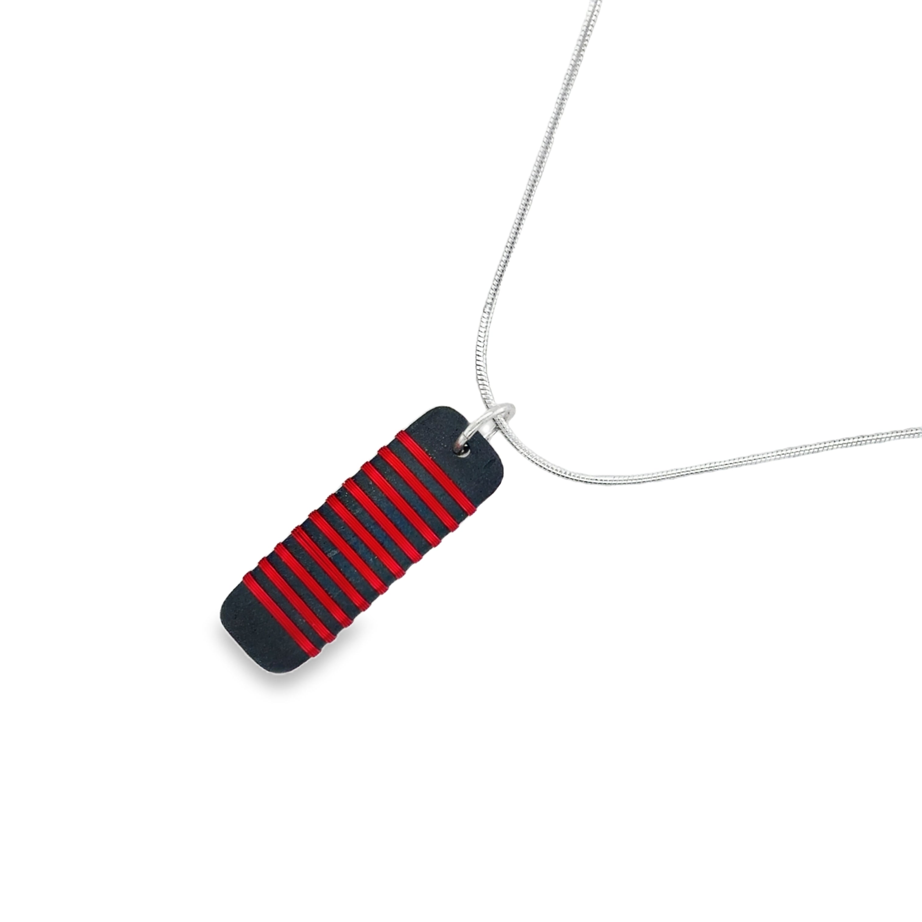 Black porcelain wrapped with sterling silver red wire Necklace