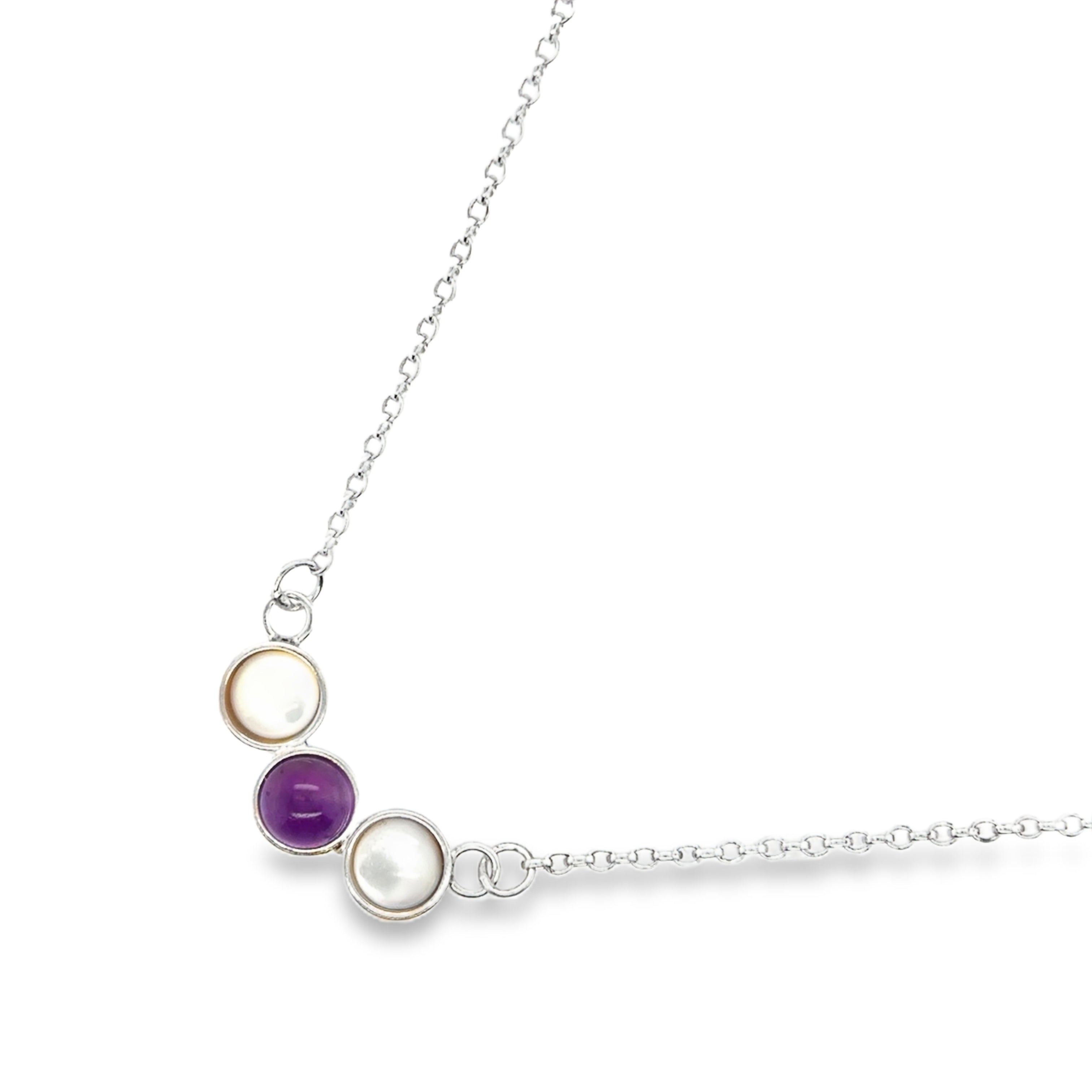 Amethyst and 2 mother of pearl in Sterling Silver Necklace