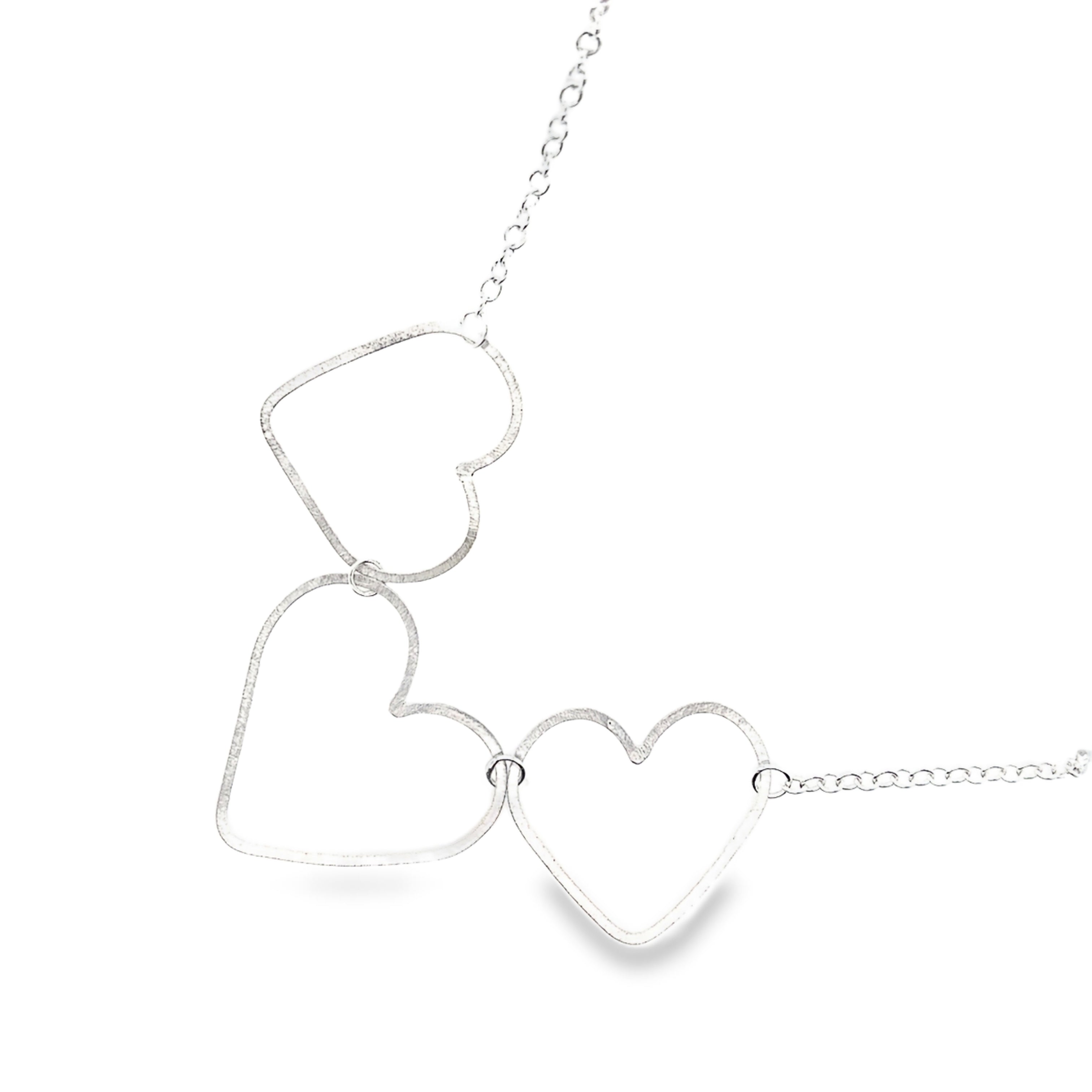 Three linked flat silver heart Necklace