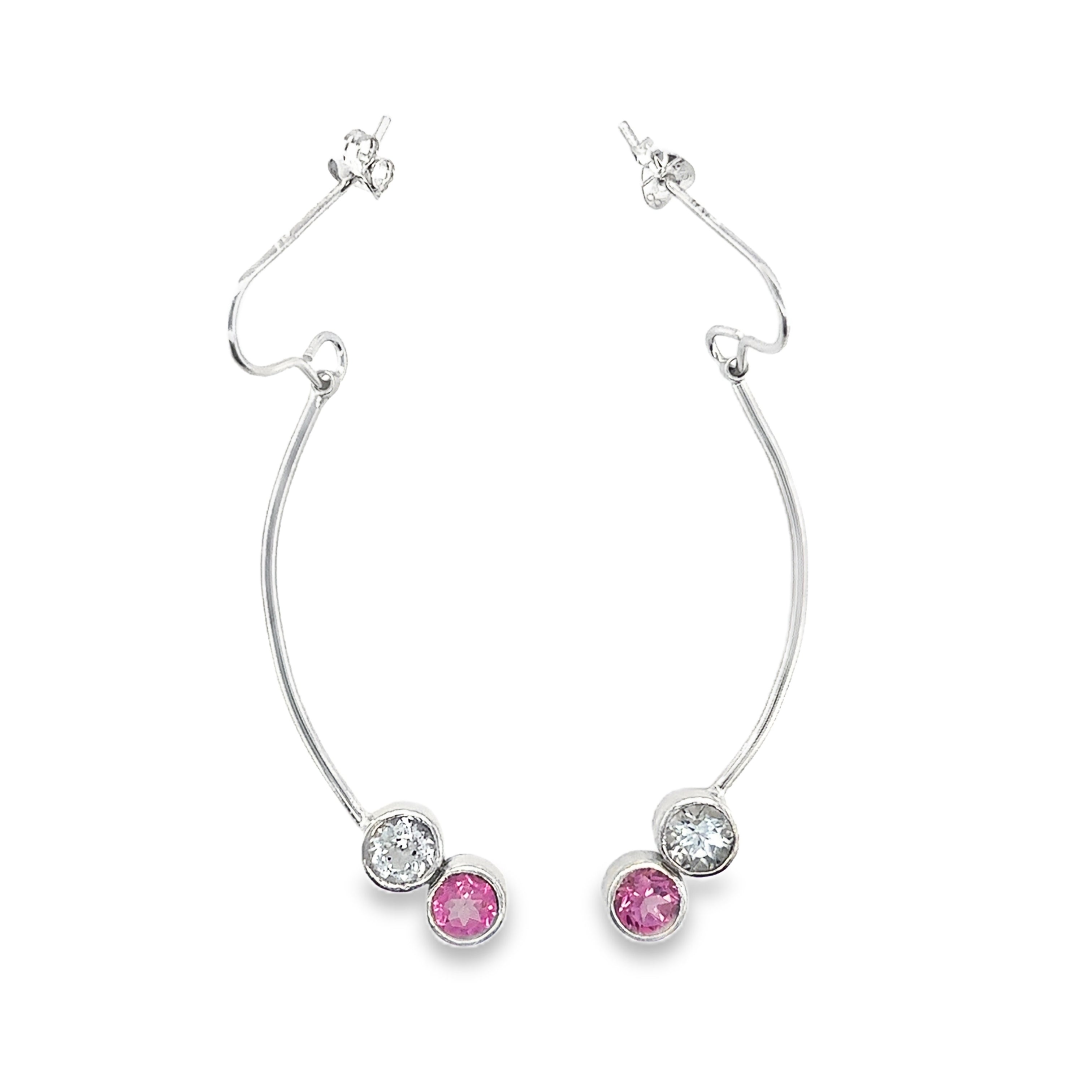 Silver stick drop earrings with white and pink topaz stones
