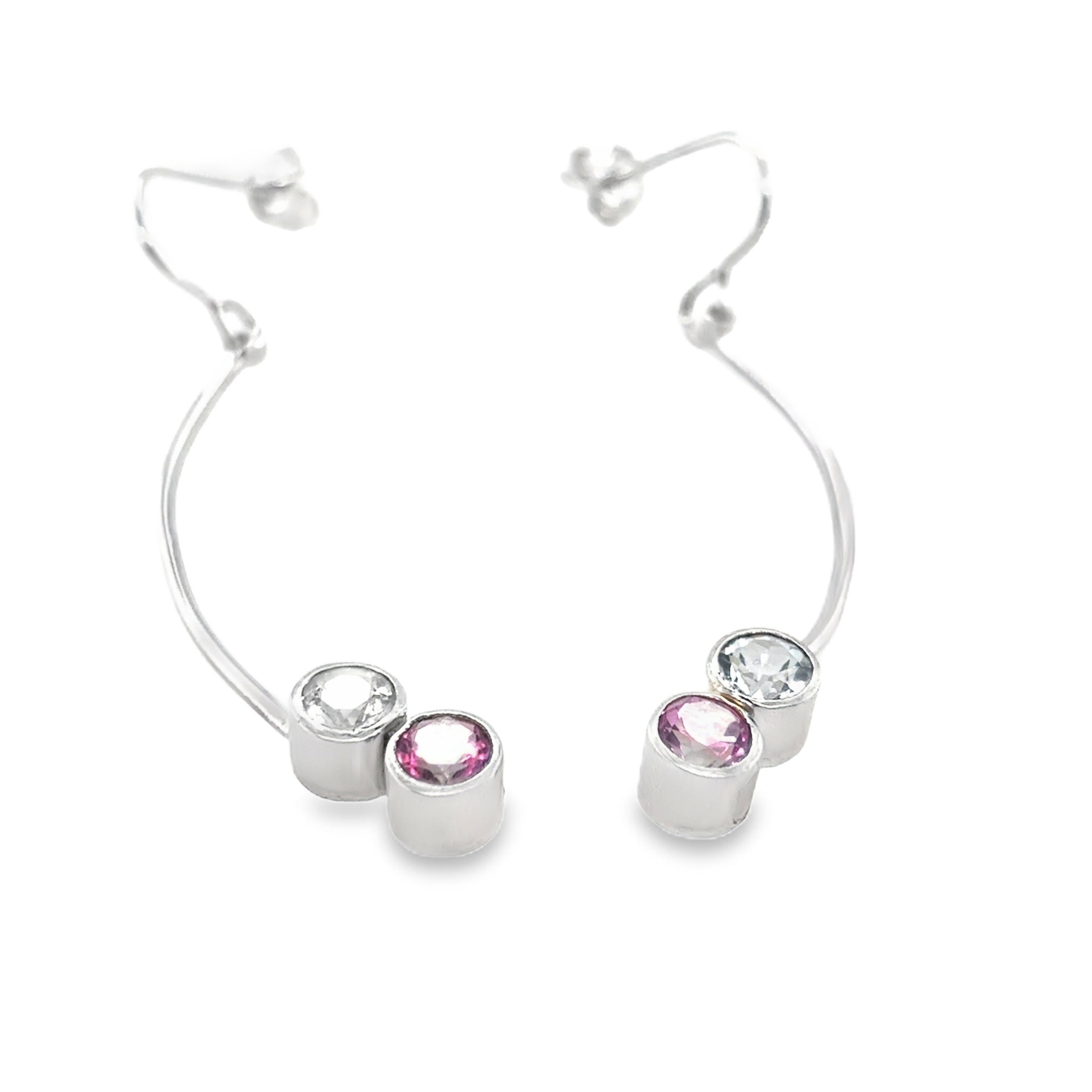 Silver stick drop earrings with white and pink topaz stones
