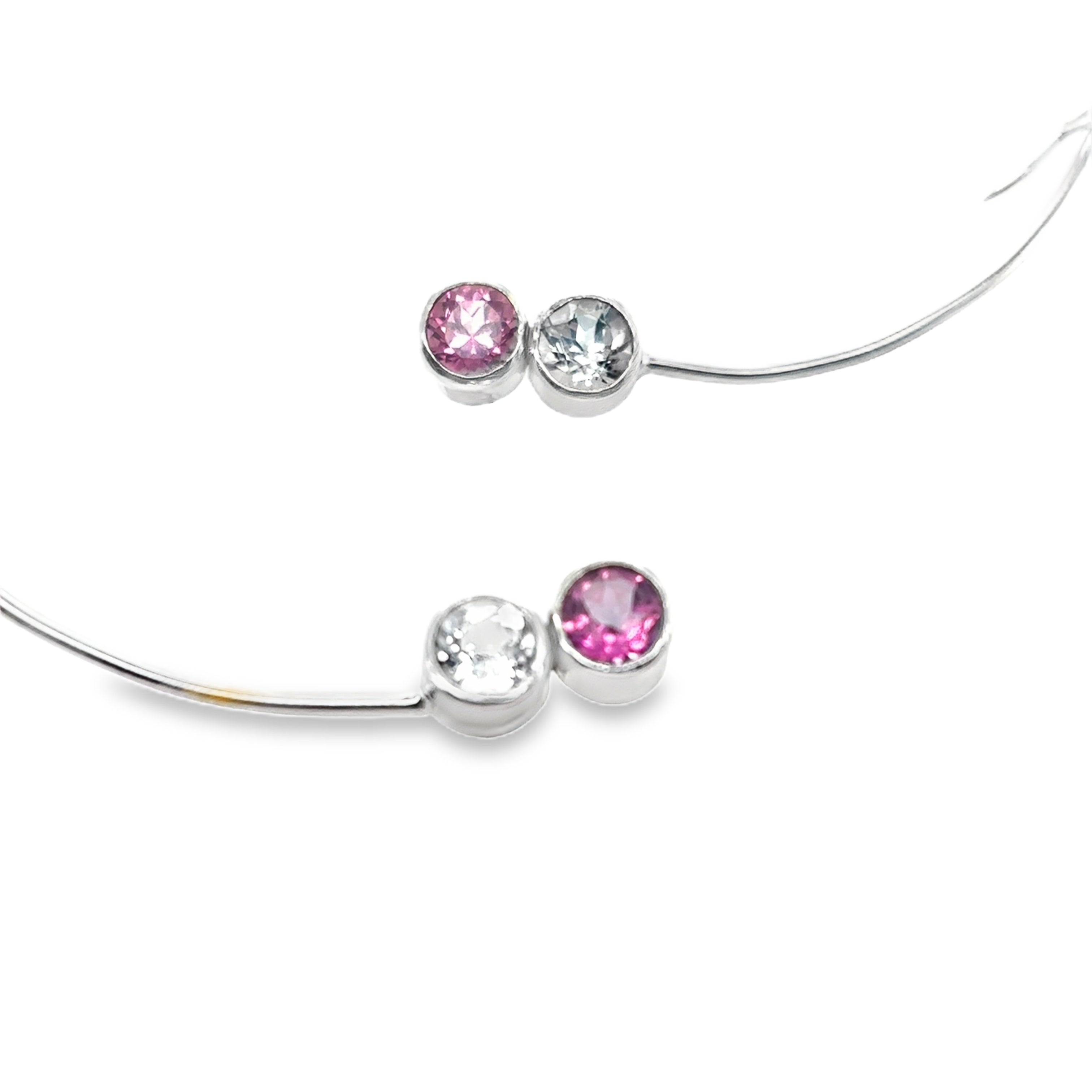 Silver stick drop earrings with white and pink topaz stones