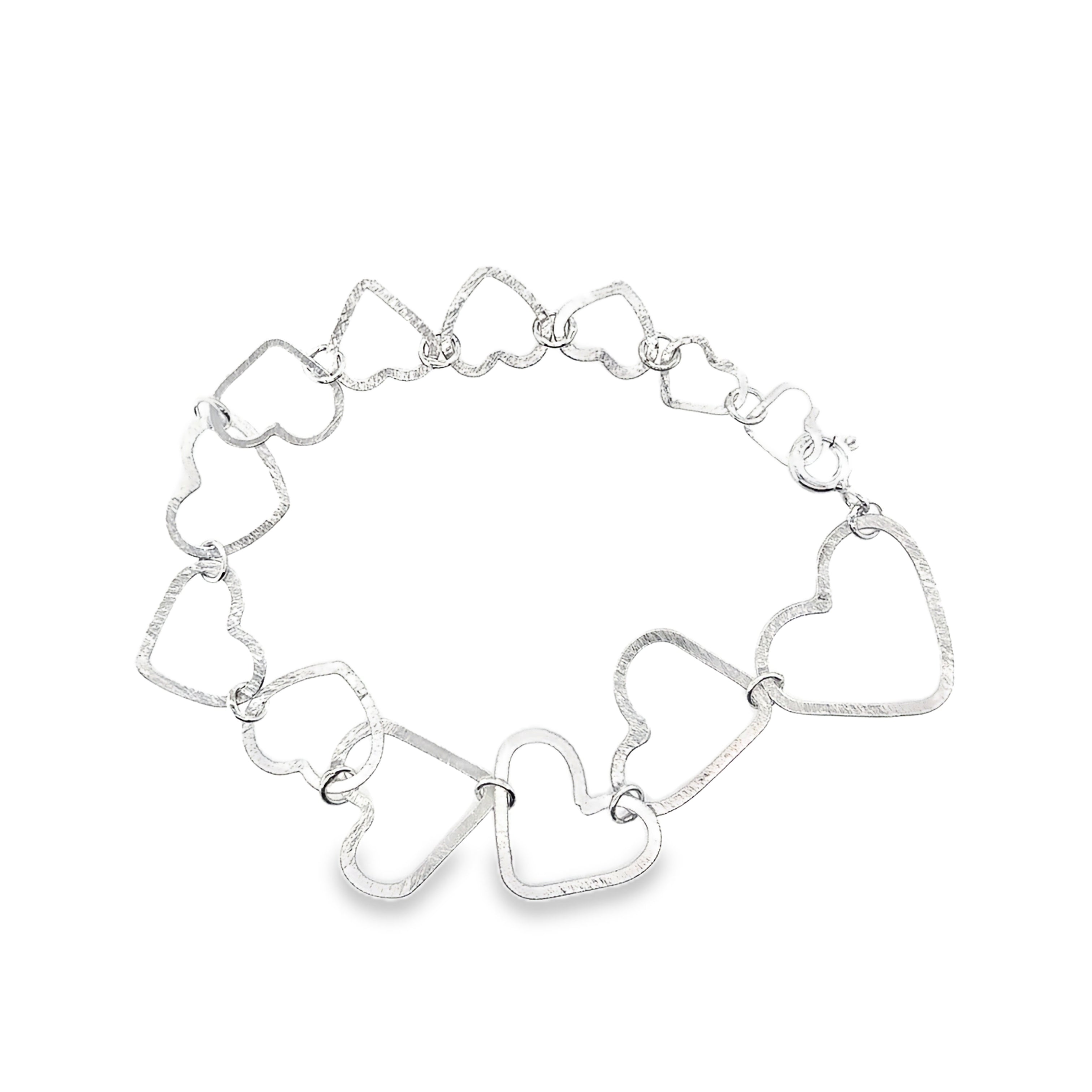 Silver linked graduating flat hearts outlines bracelet
