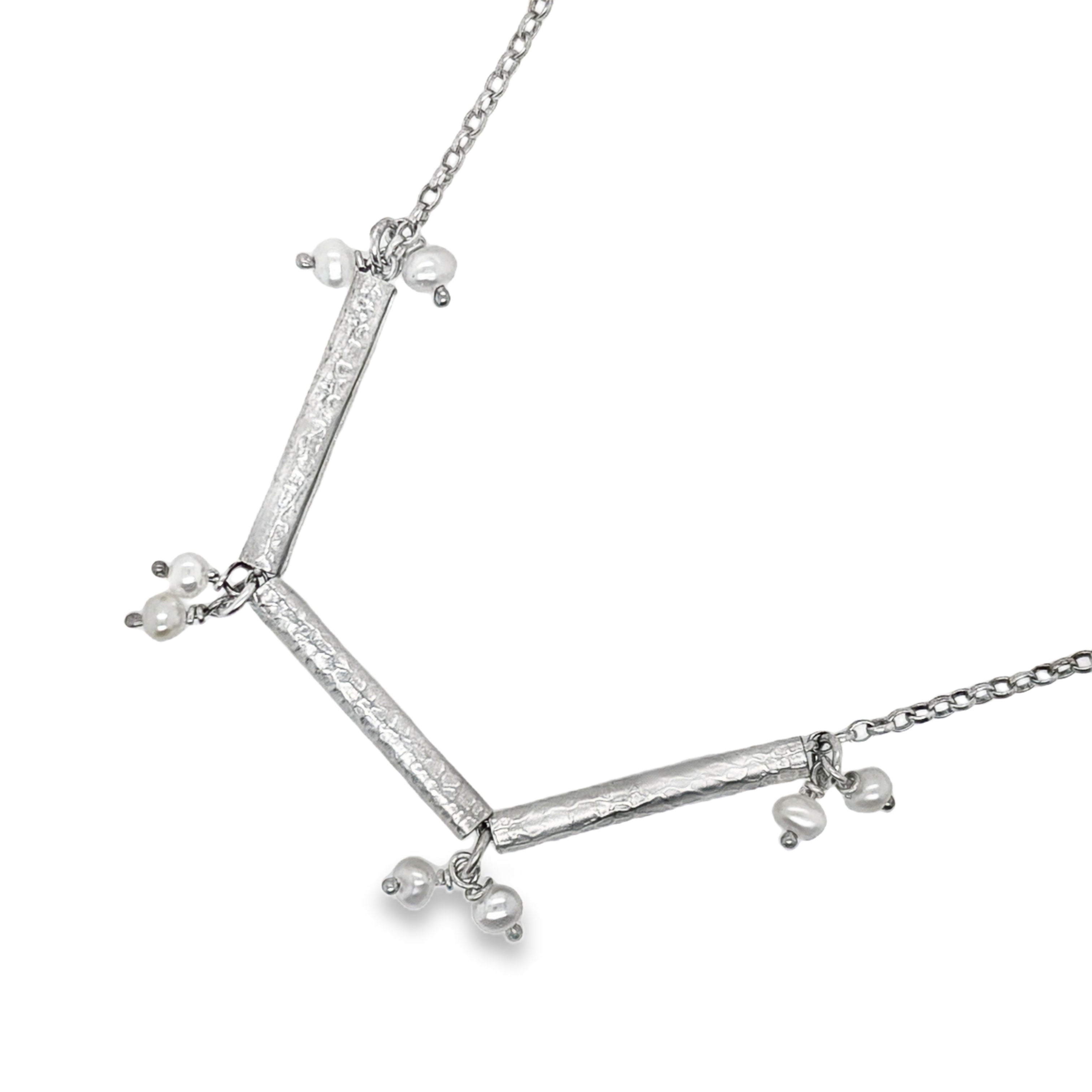 Silver print scroll & freshwater pearls necklace