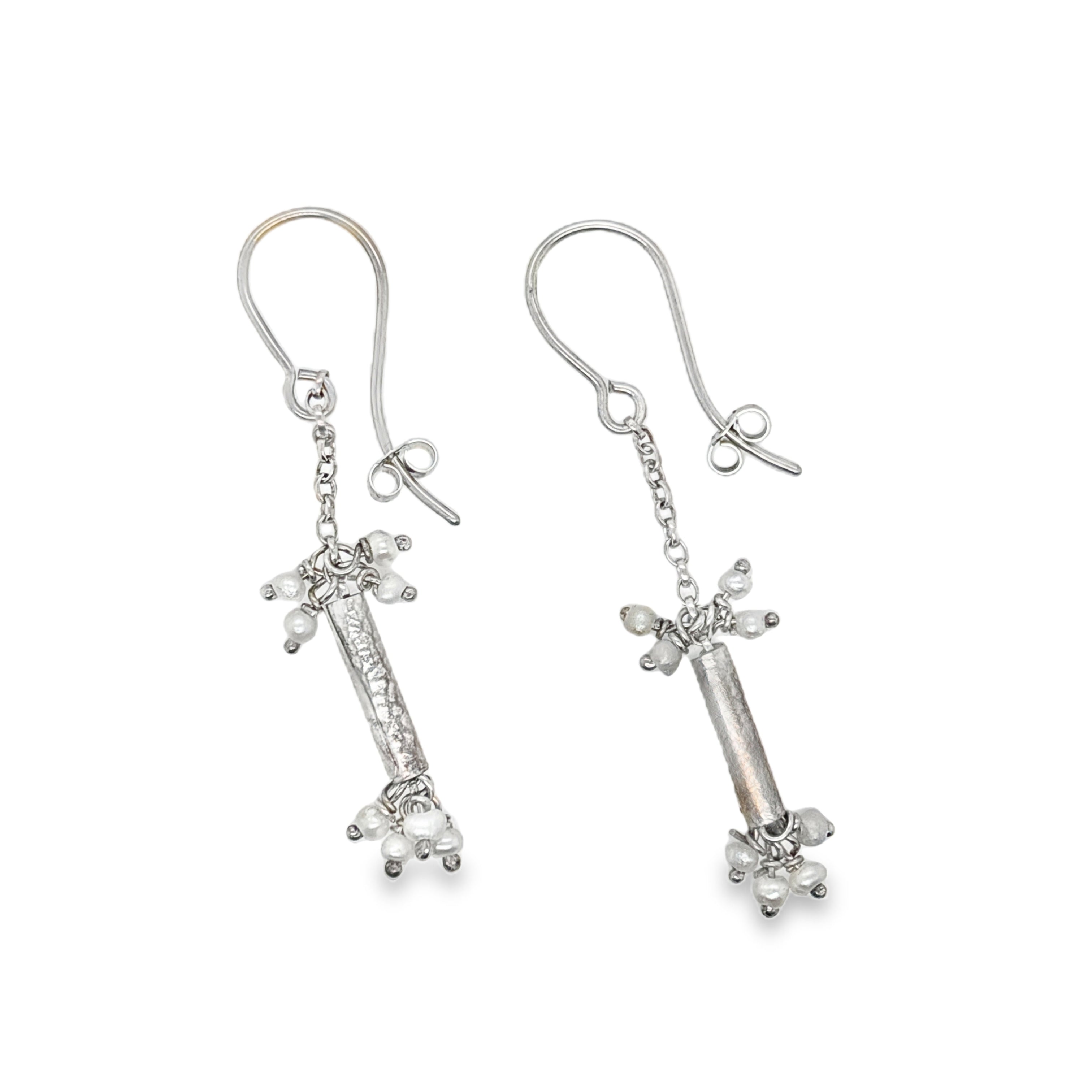 Silver print scroll & freshwater pearl earrings
