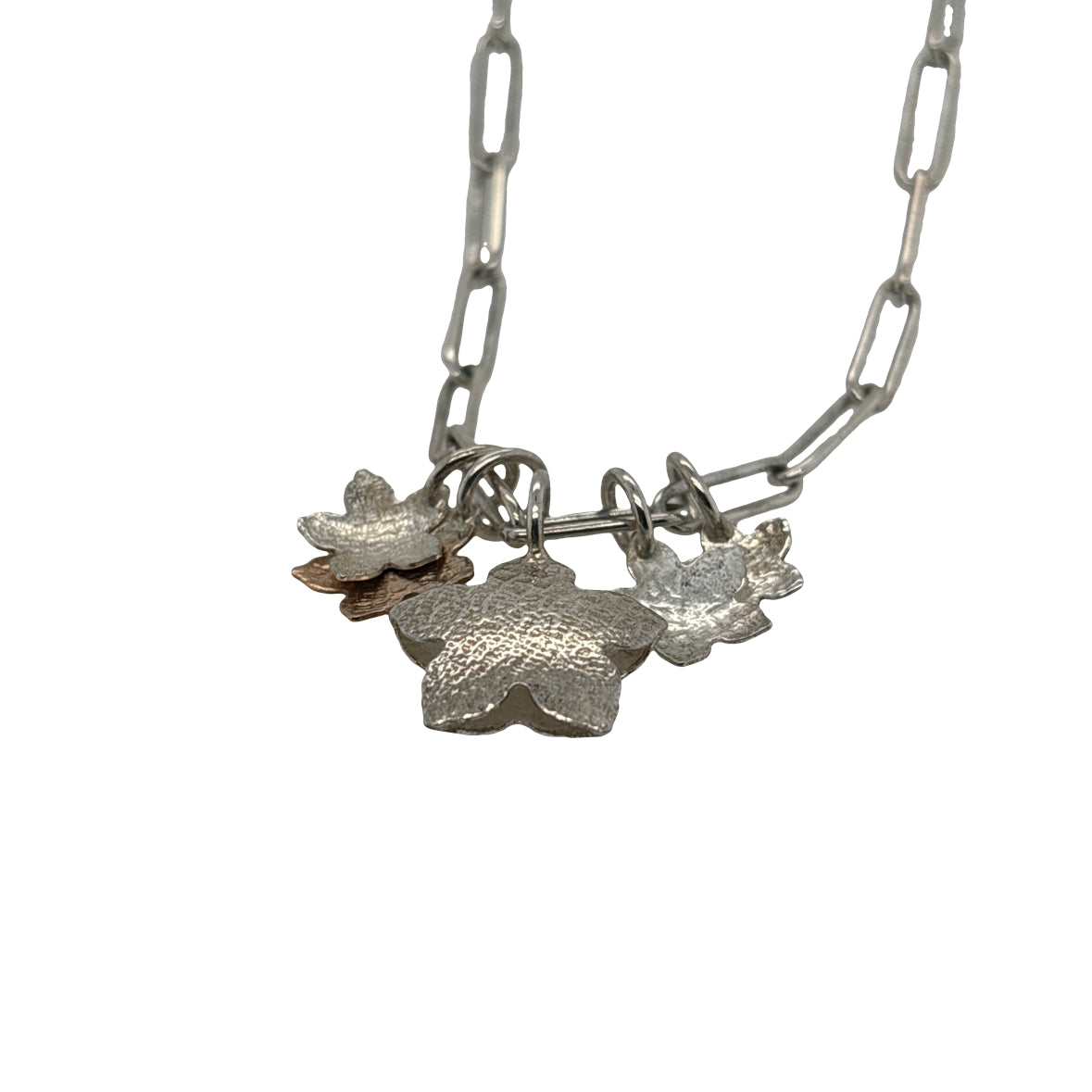 Silver rectangle chain necklace with mixed petal forms