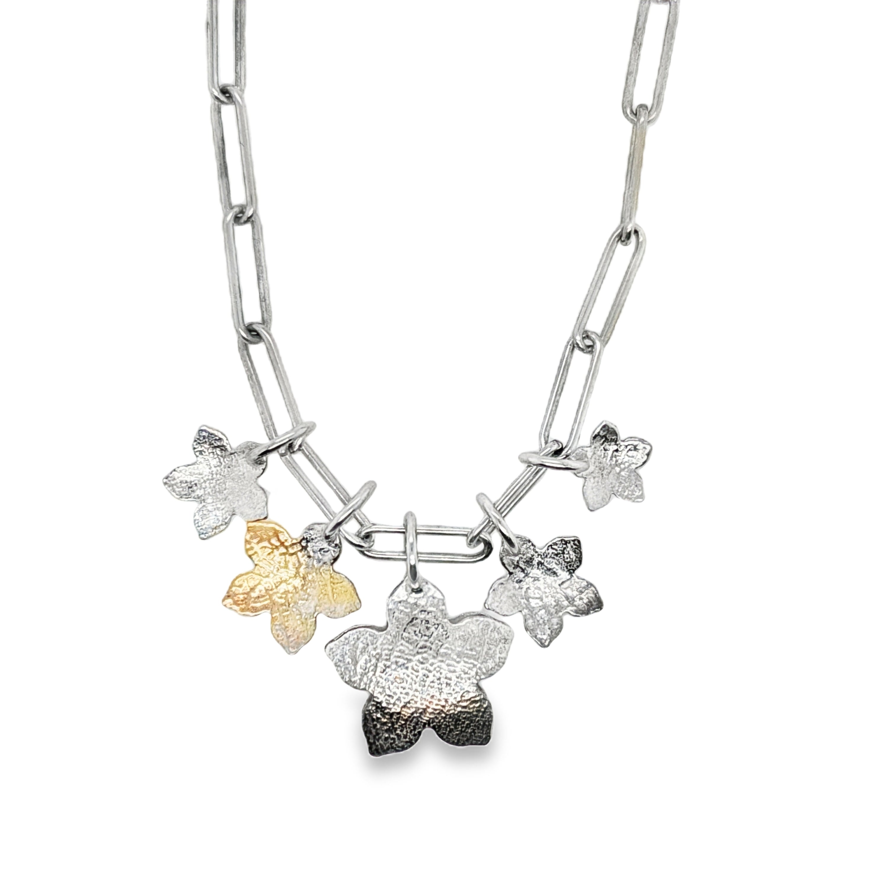 Silver rectangle chain necklace with mixed petal forms