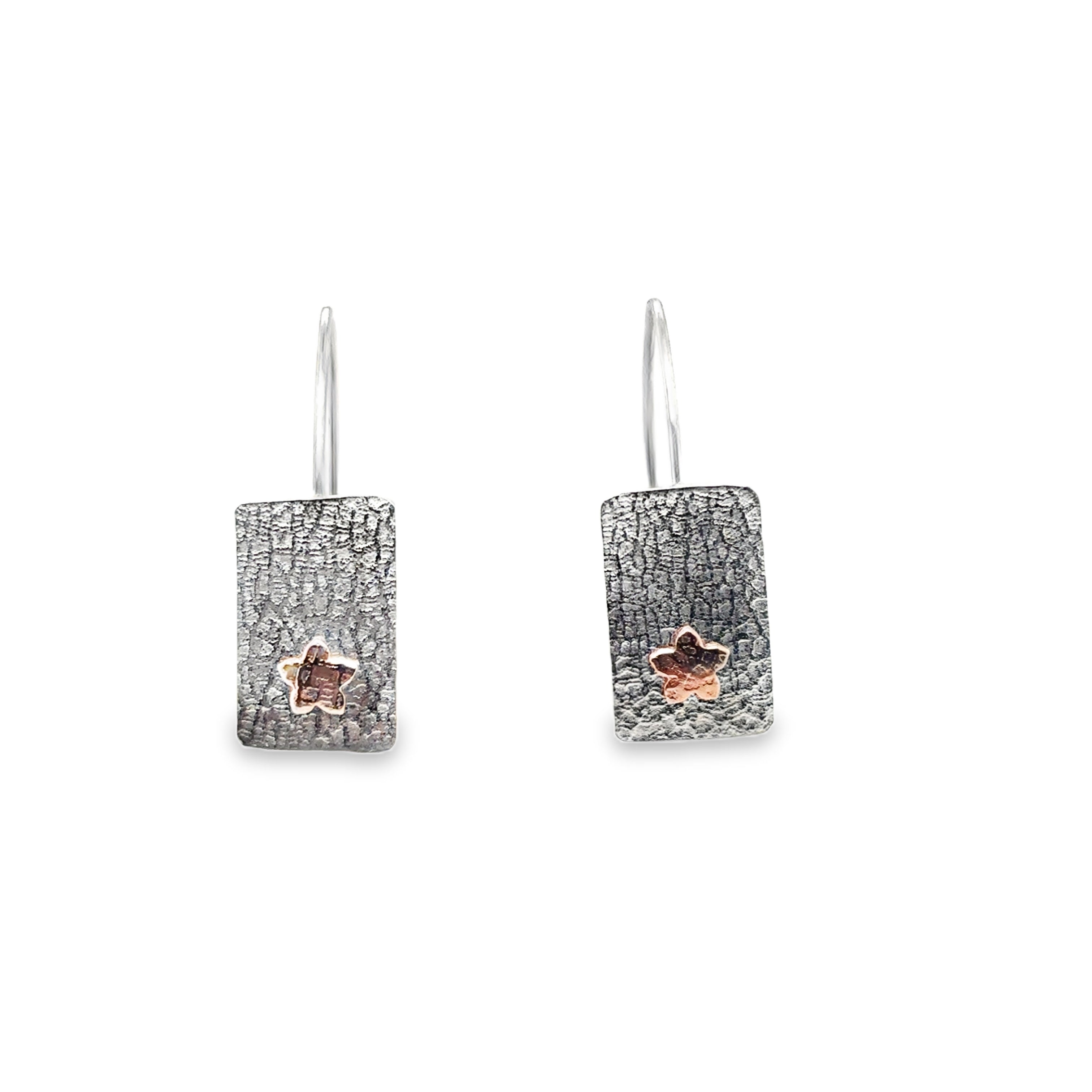 Silver rectangle print drop earrings with 14ct gold filled 5 petal