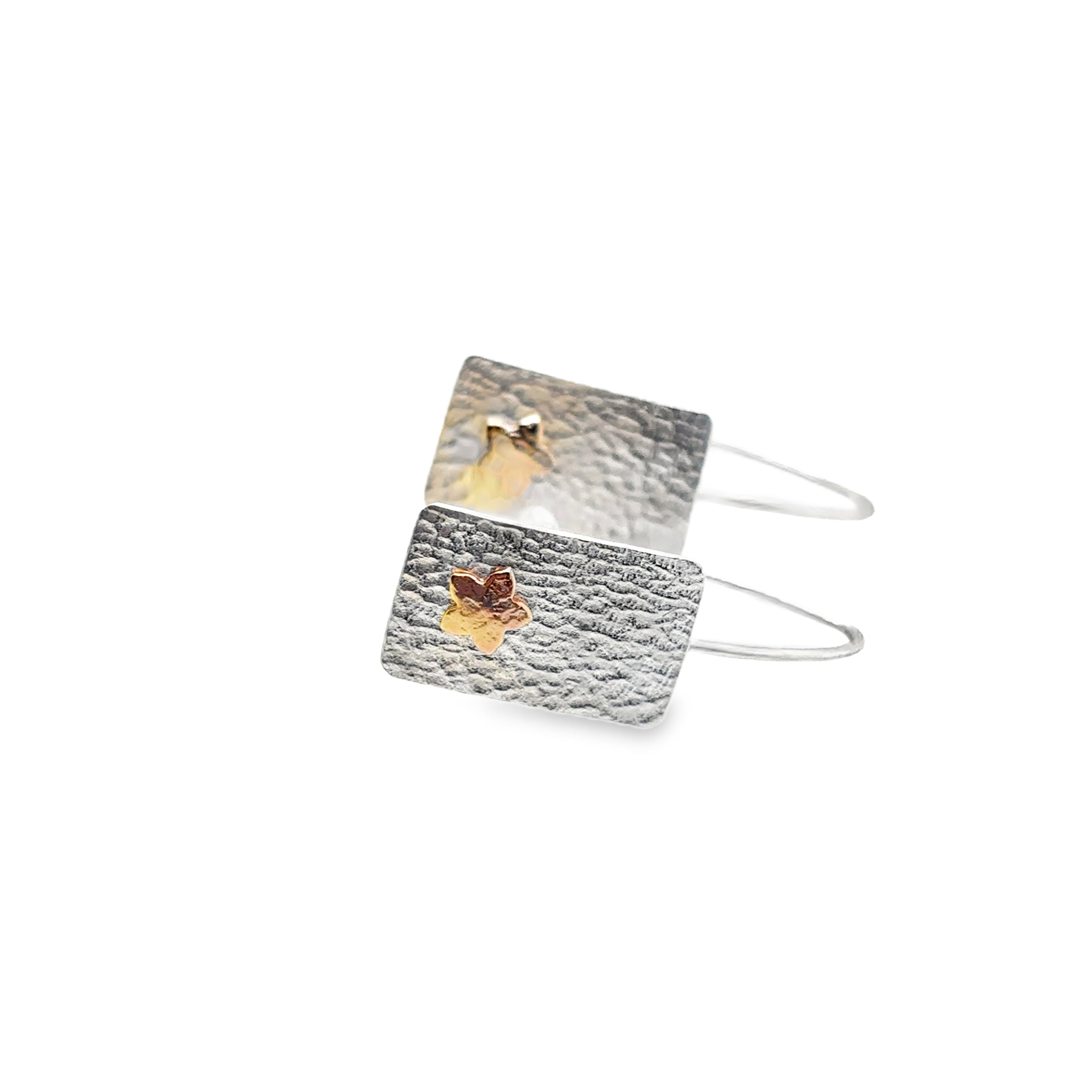 Silver rectangle print drop earrings with 14ct gold filled 5 petal