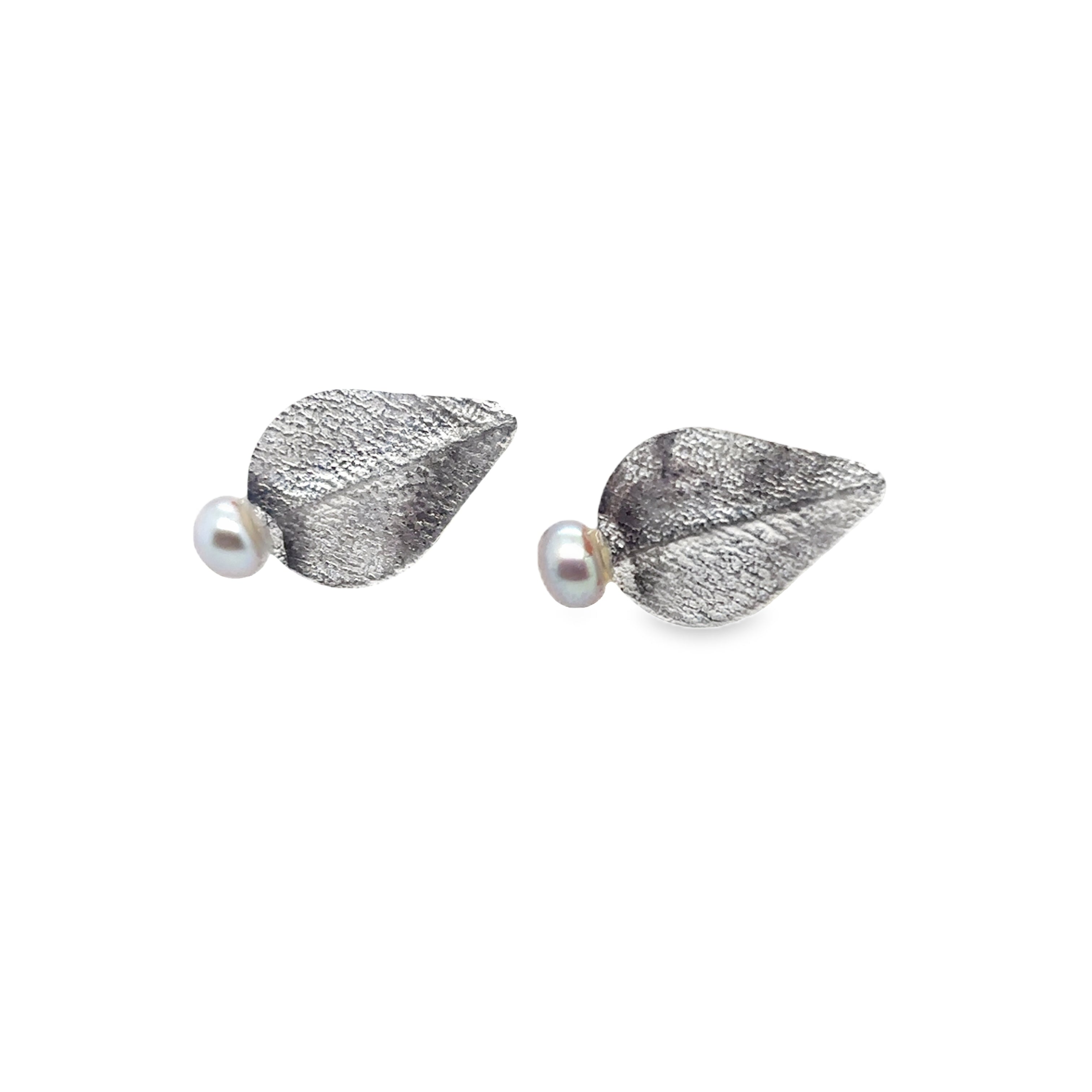 Pear shape stud earrings with grey freshwater pearl