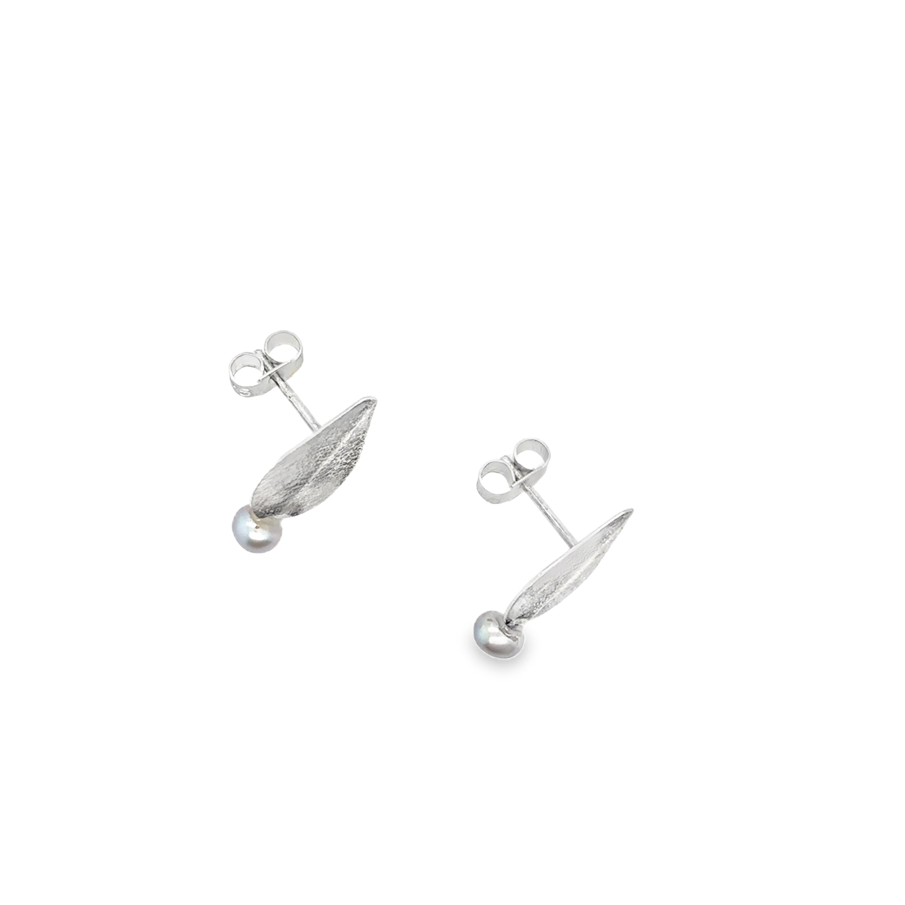 Pear shape stud earrings with grey freshwater pearl
