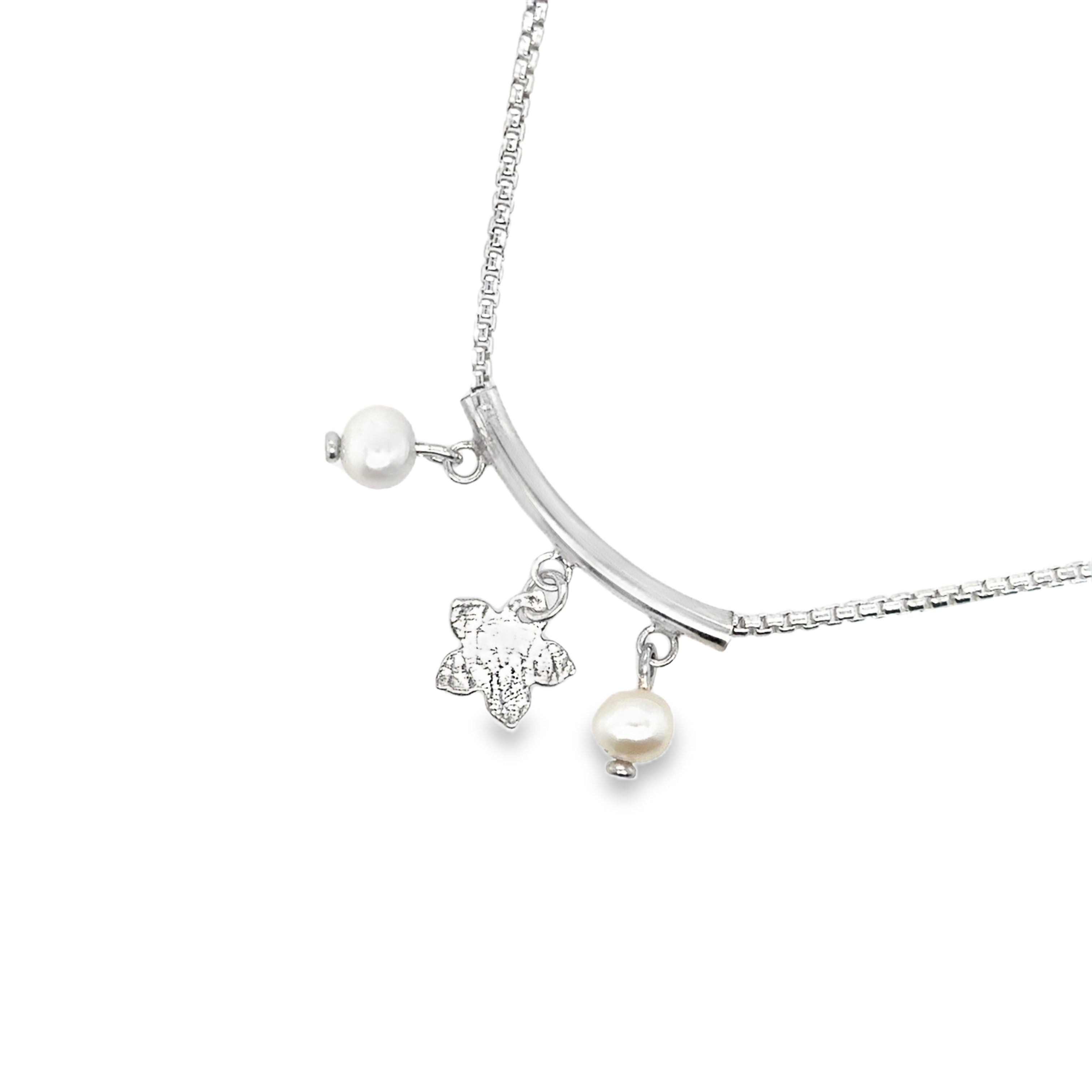 Silver pendant with 2 white freshwater pearls and 5 petal