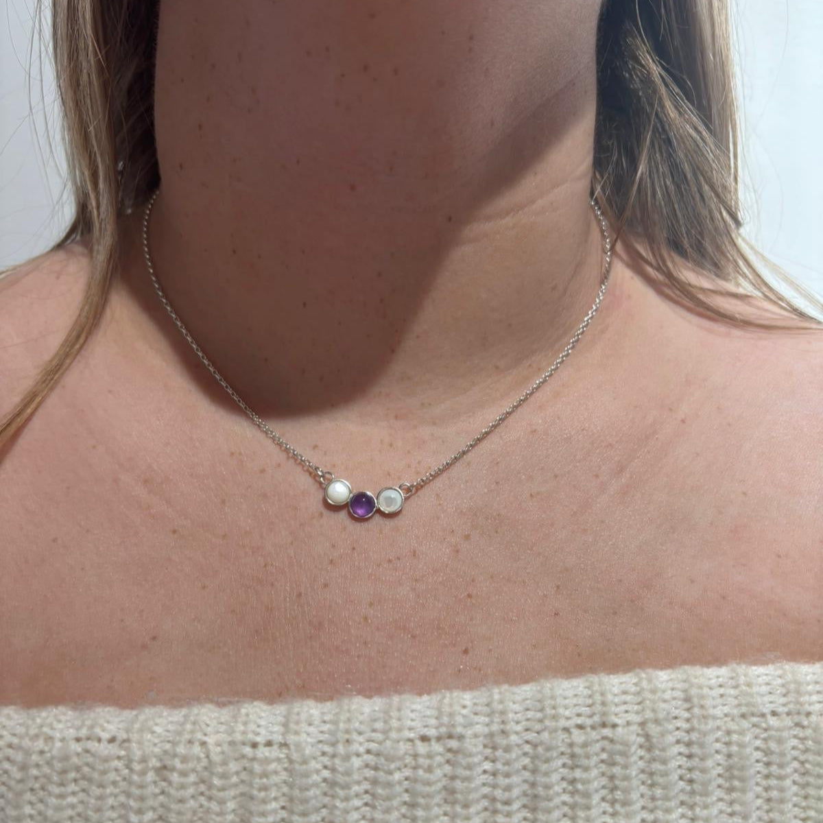 Amethyst and 2 mother of pearl in Sterling Silver Necklace