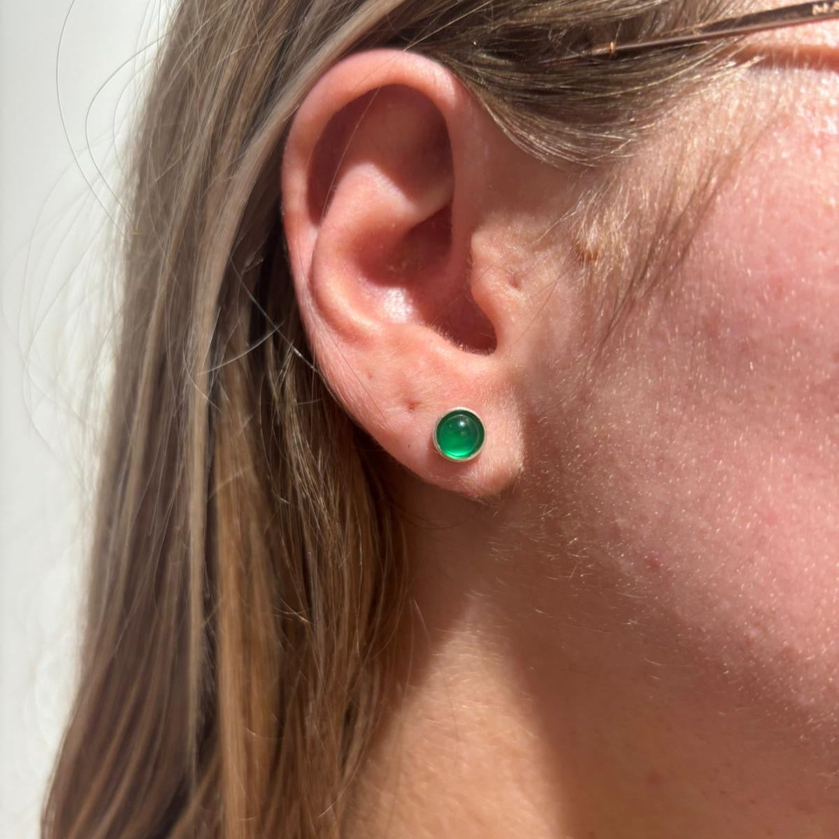 Green onyx cabochon silver stud earrings