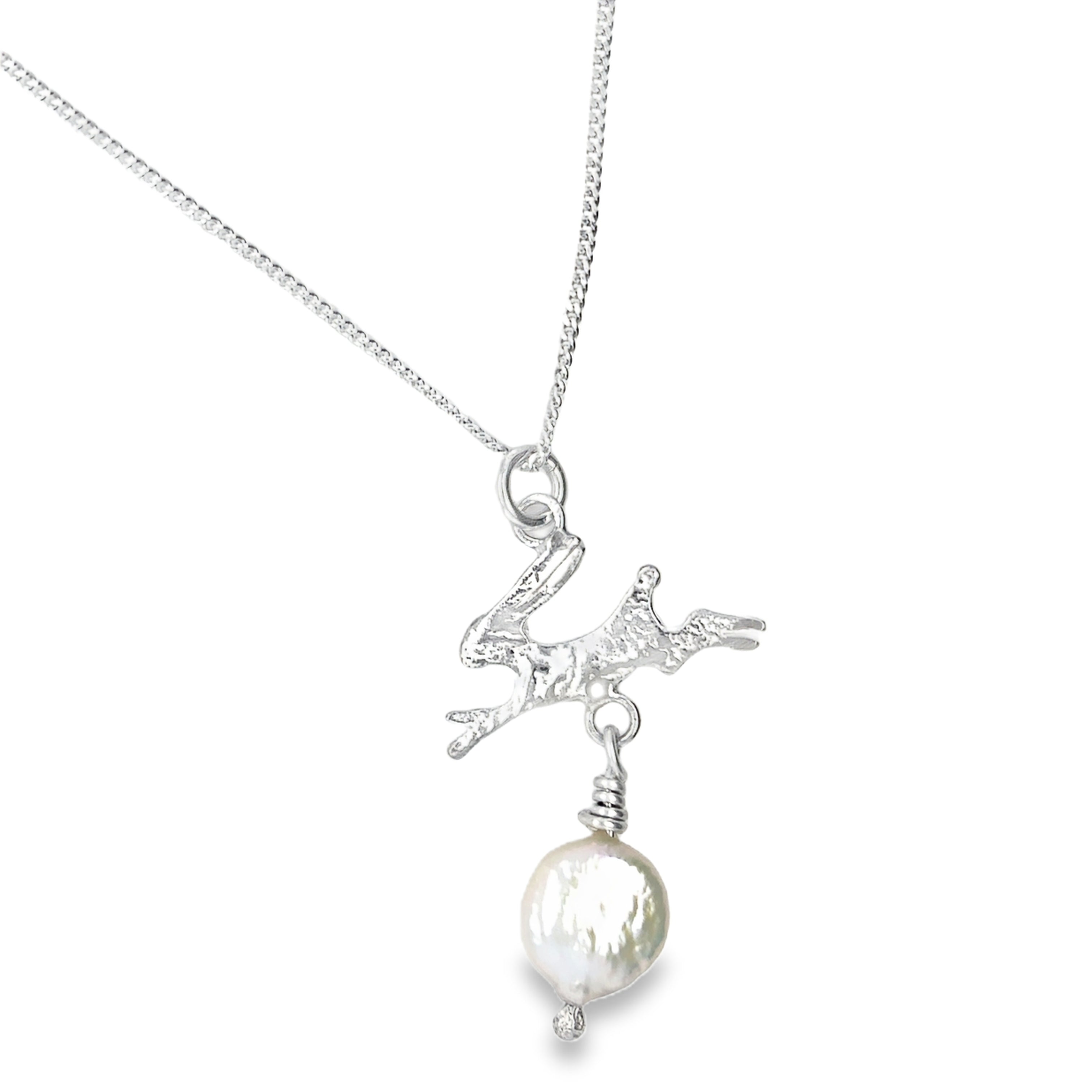 Silver necklace with a Hare pendant and pearl on a white background