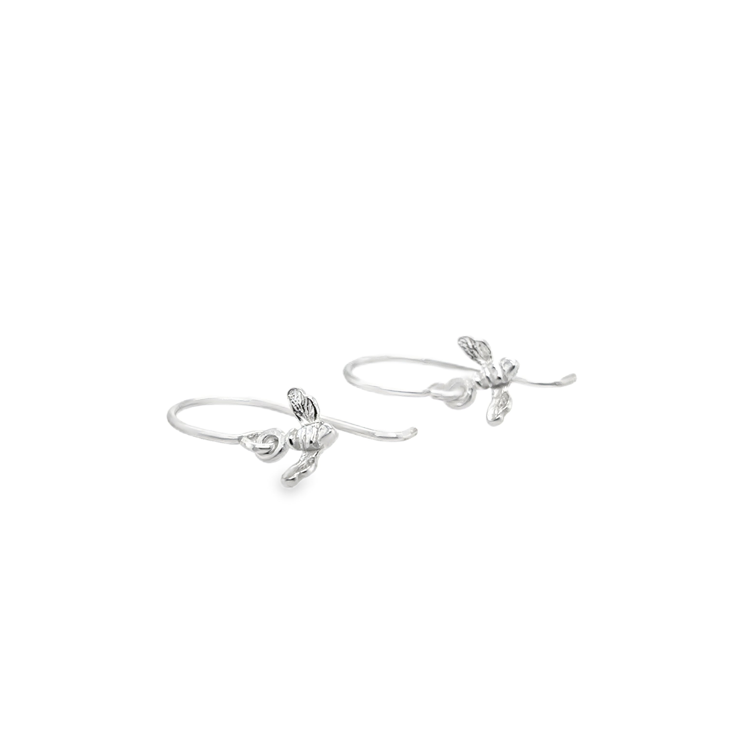 Tiny silver bee hook earrings