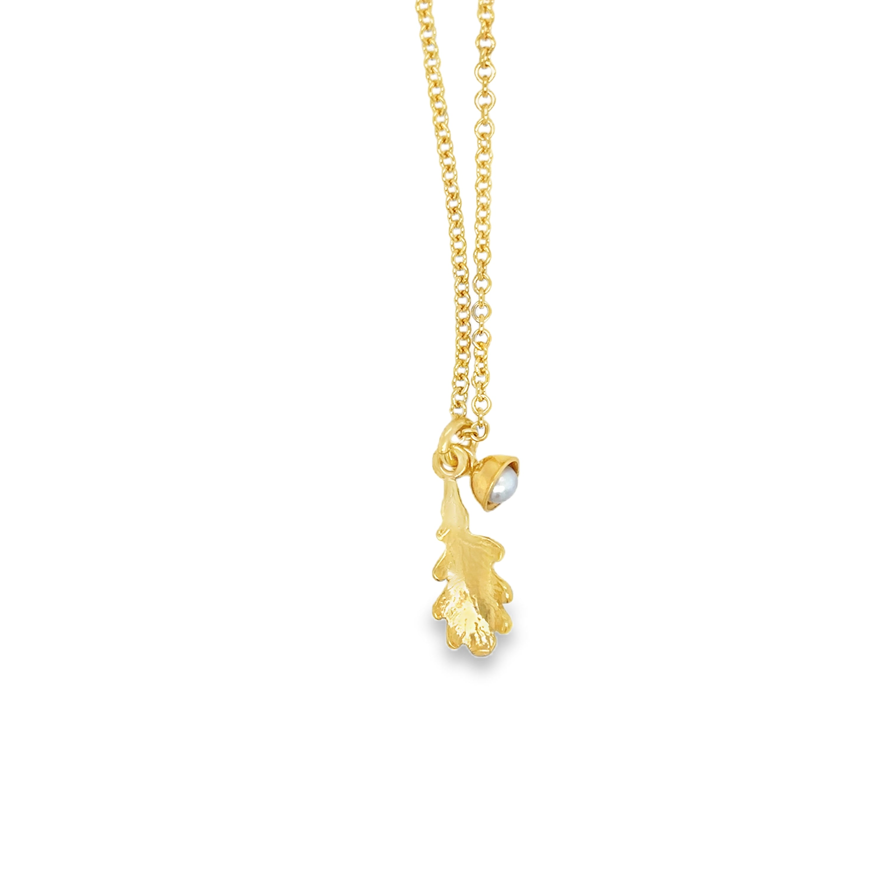 Small silver oak leaf with white pearl acorn Necklace