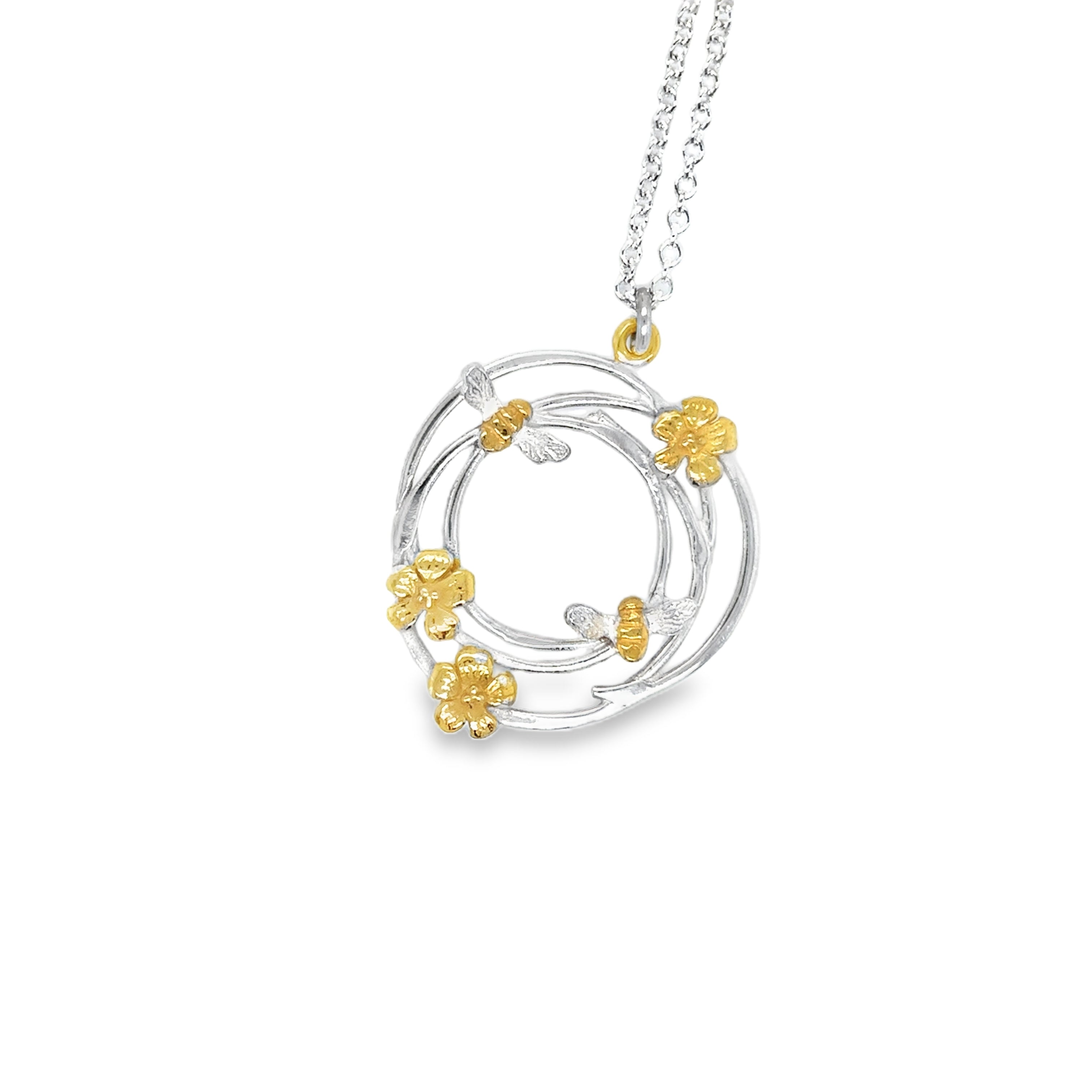 silver swirl with tiny bees and flowers Necklace