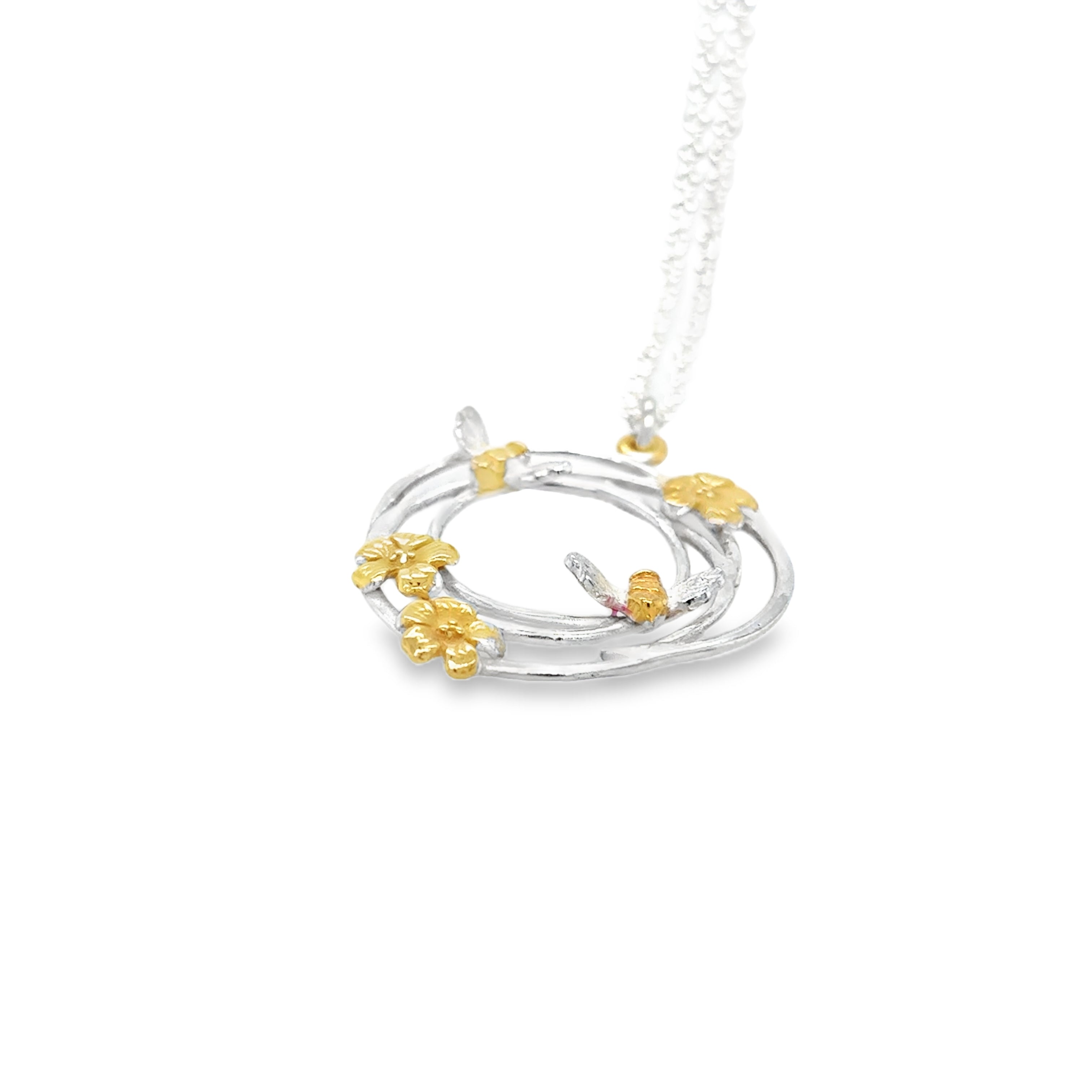 silver swirl with tiny bees and flowers Necklace