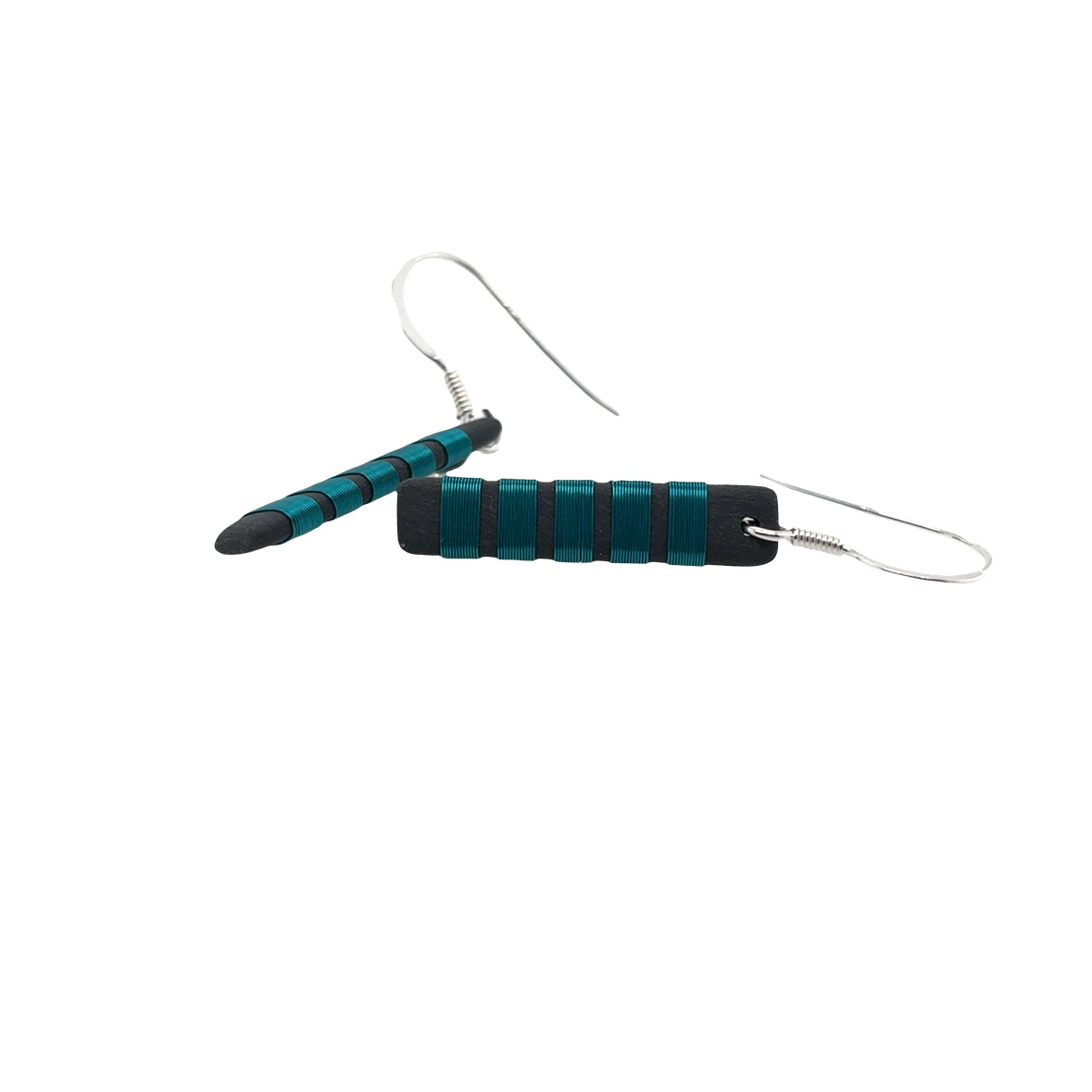 Black porcelain wrapped with sterling silver Aqua wire Earrings