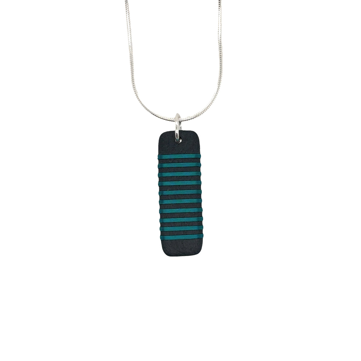 Black porcelain wrapped with sterling silver Aqua wire Necklace
