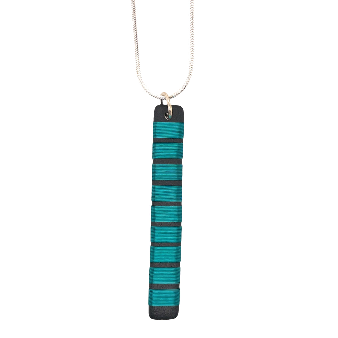 Black porcelain wrapped with sterling silver Aqua wire Necklace