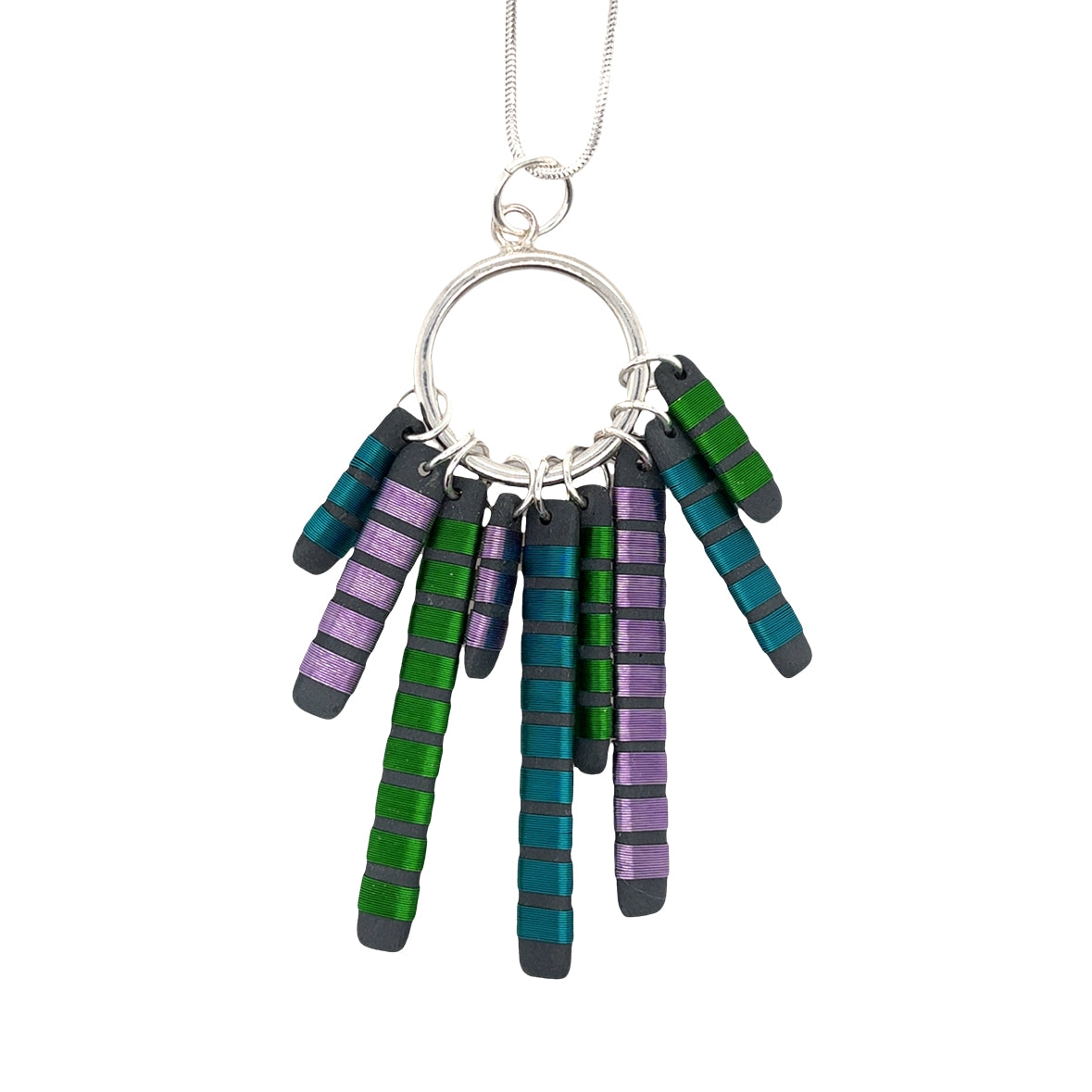 Black porcelain wrapped with sterling silver Multi coloured wire Necklace
