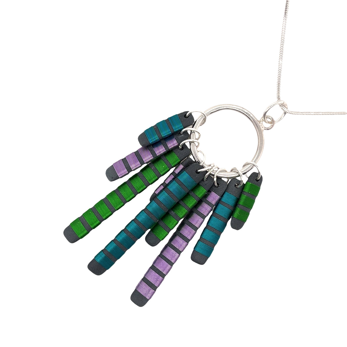 Black porcelain wrapped with sterling silver Multi coloured wire Necklace