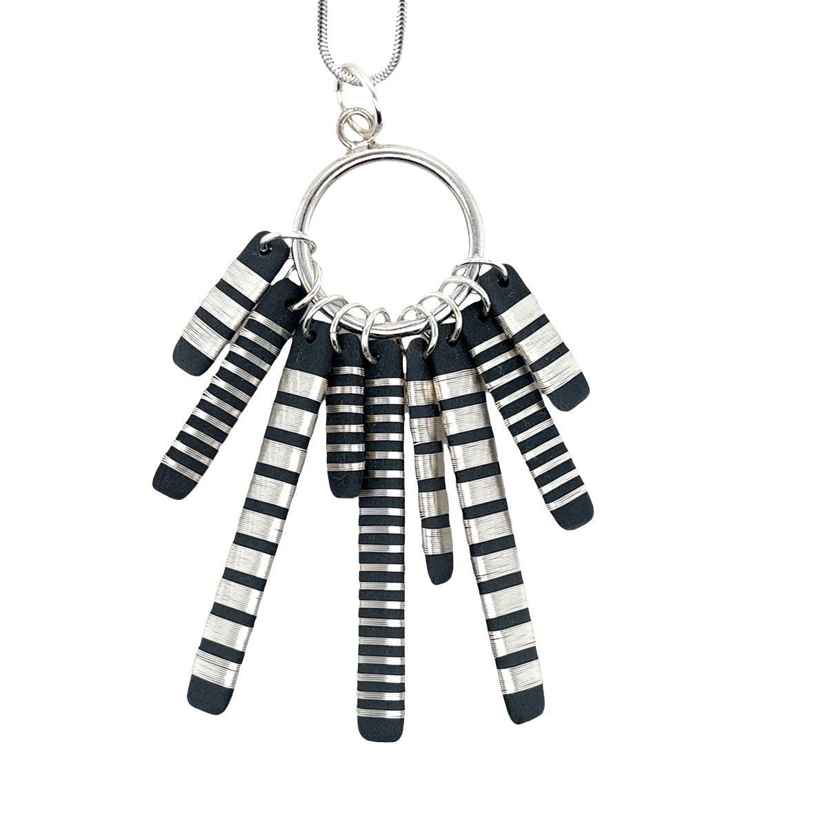 Black porcelain Multi Tassle pendant wrapped with sterling silver wire