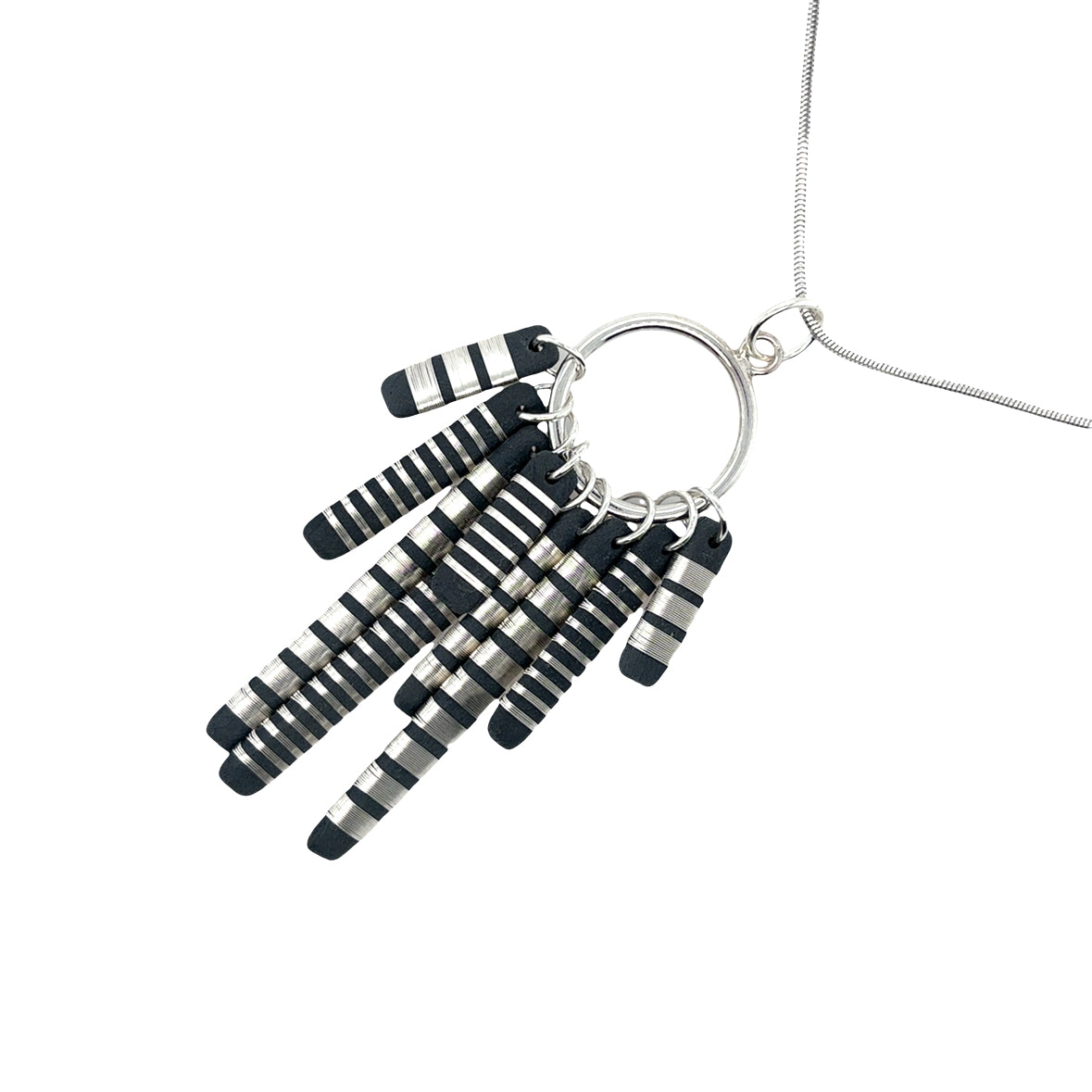 Black porcelain Multi Tassle pendant wrapped with sterling silver wire