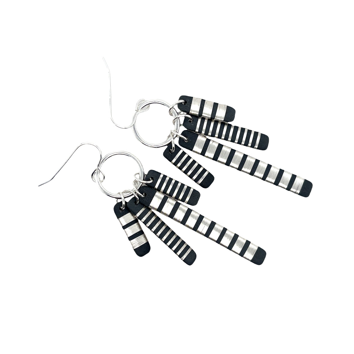 Black porcelain wrapped with sterling silver Aqua wire Tassel Earrings