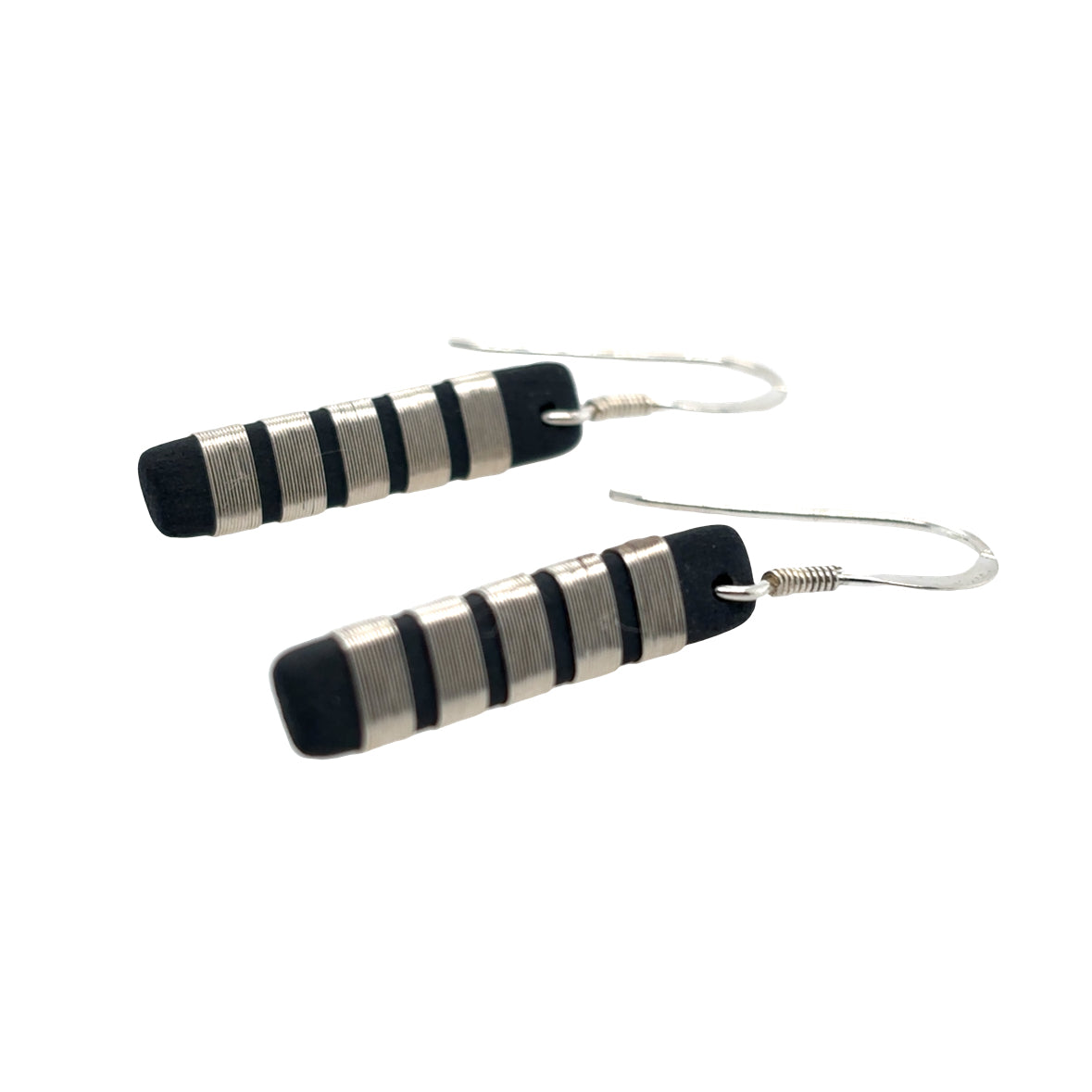Black porcelain wrapped with Silver wire Earrings