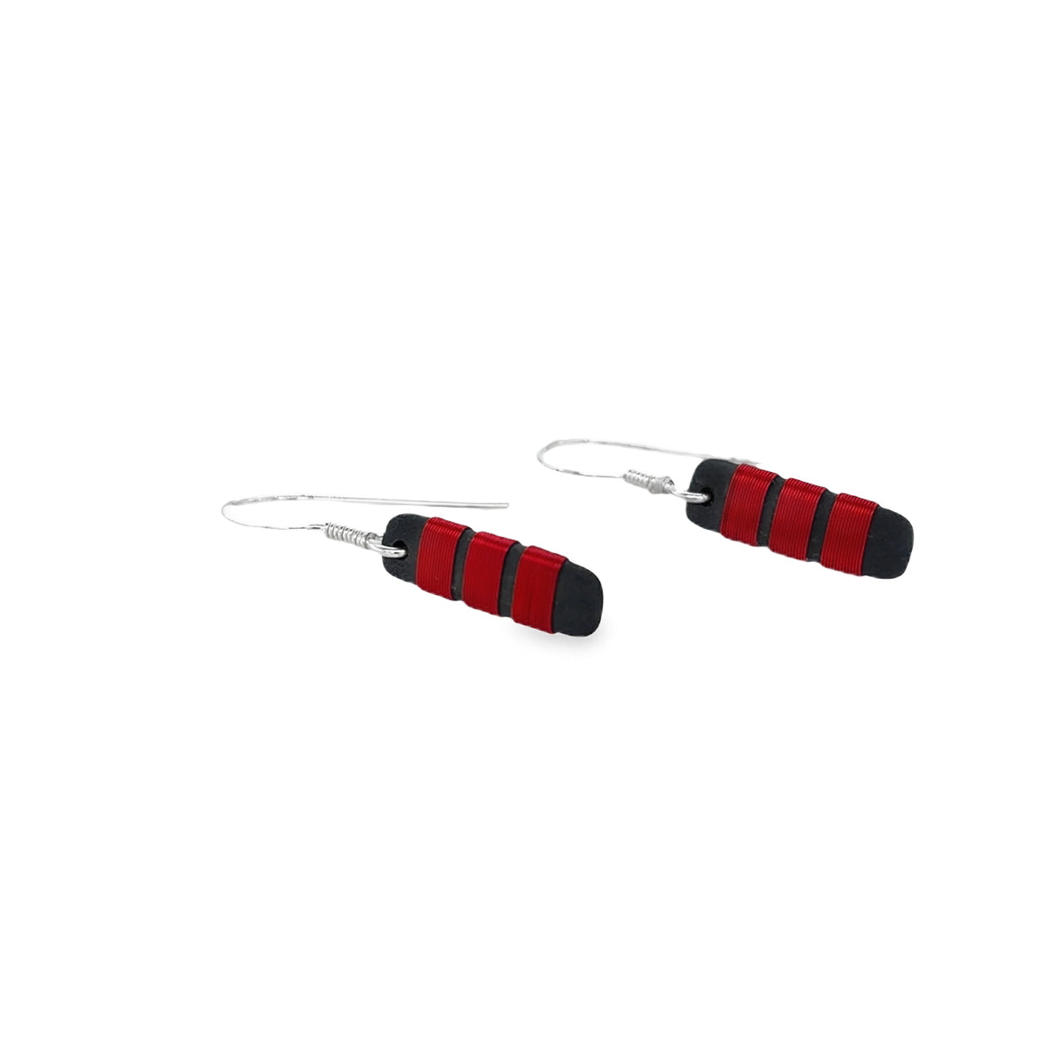 Black porcelain wrapped with red Silver wire Earrings