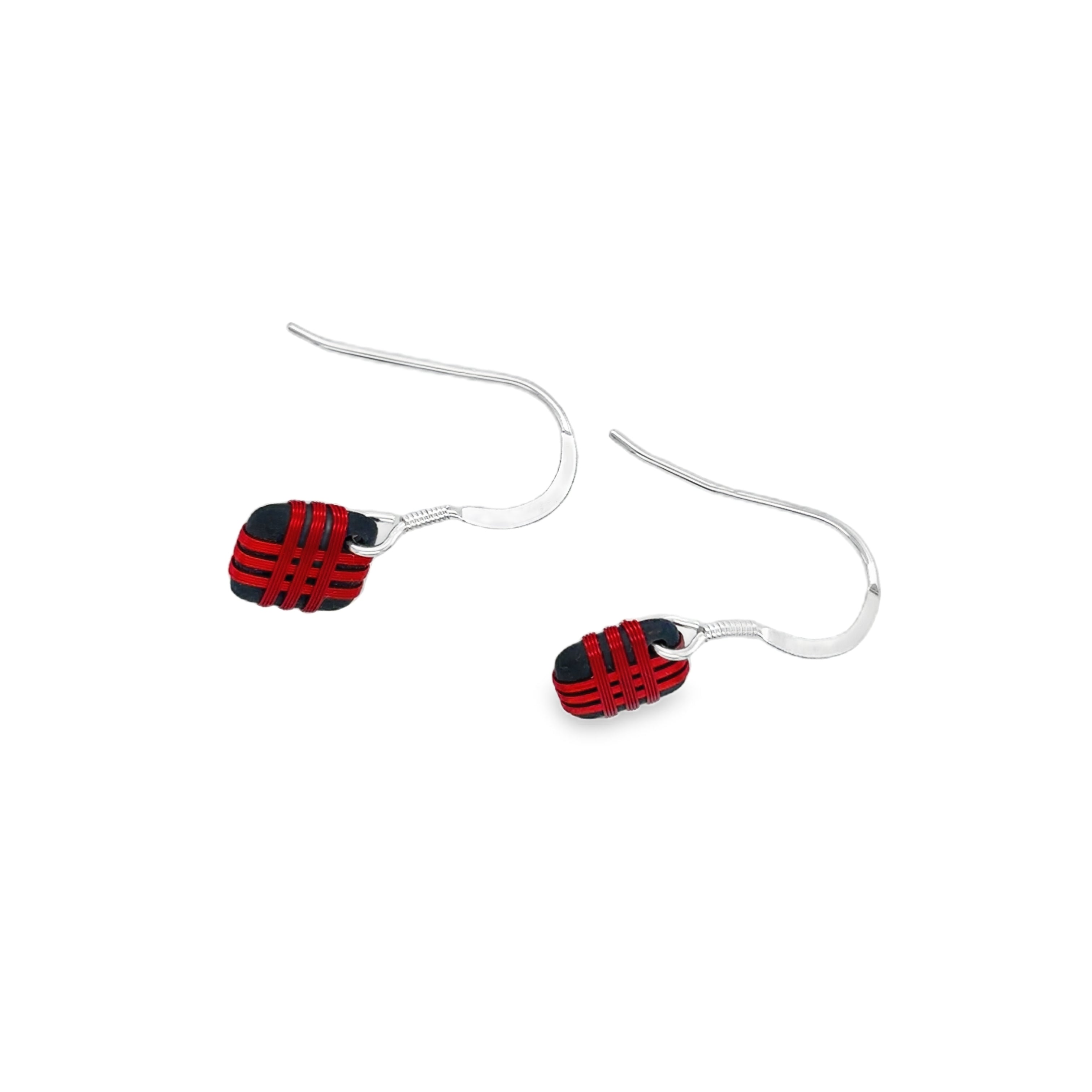 Black porcelain wrapped with red Silver wire Earrings