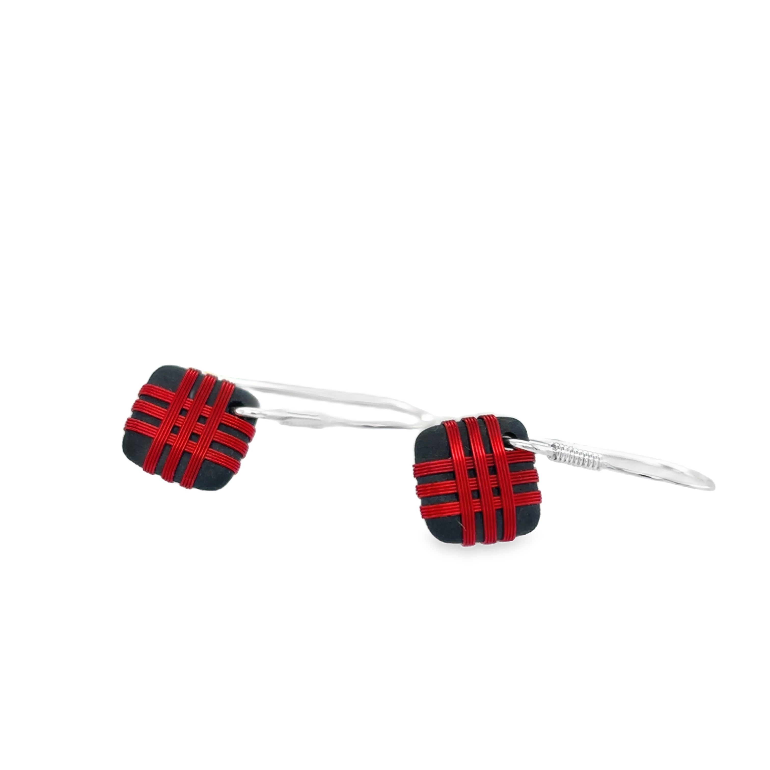 Black porcelain wrapped with red Silver wire Earrings