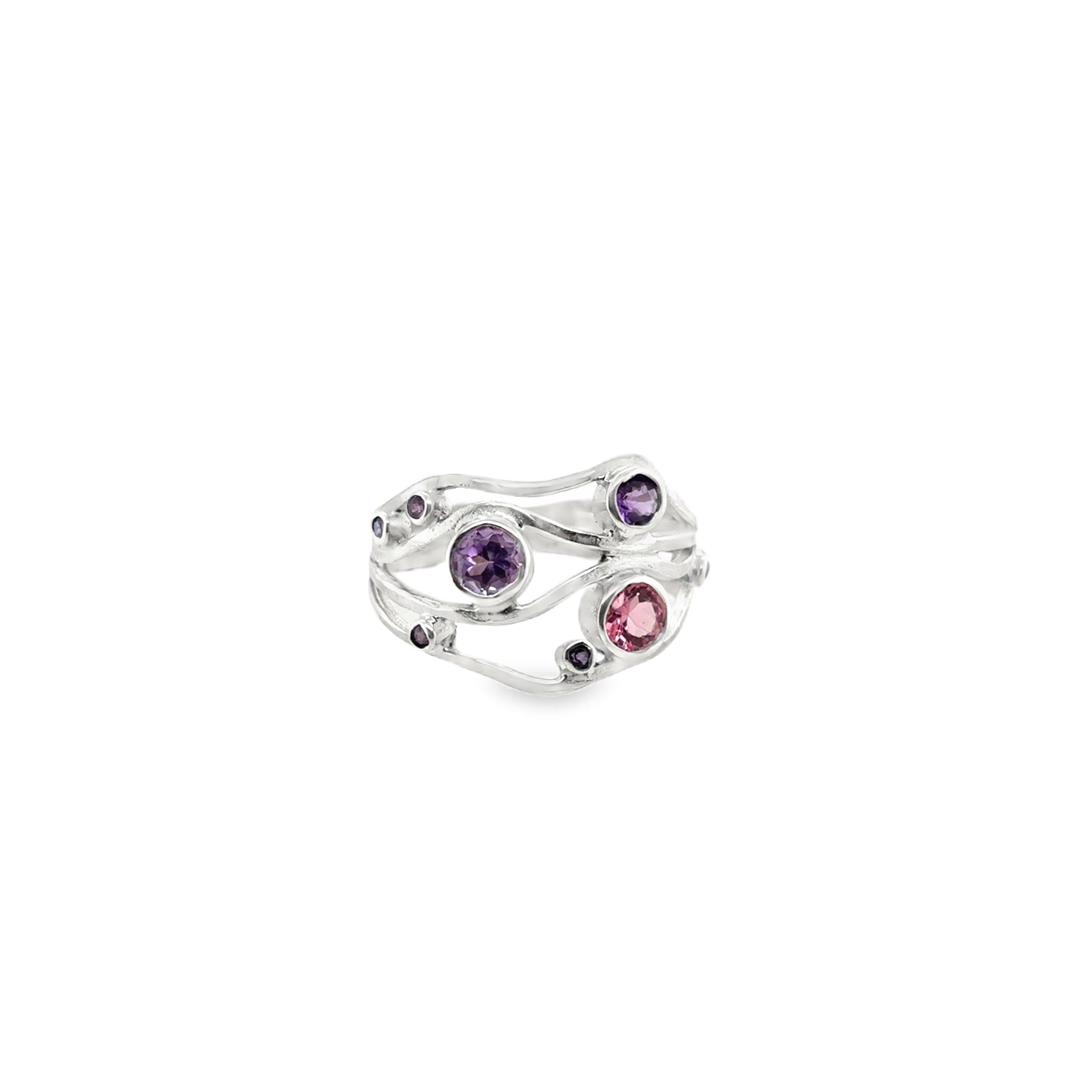 Multistone set on a multi banded shaped sterling silver ring