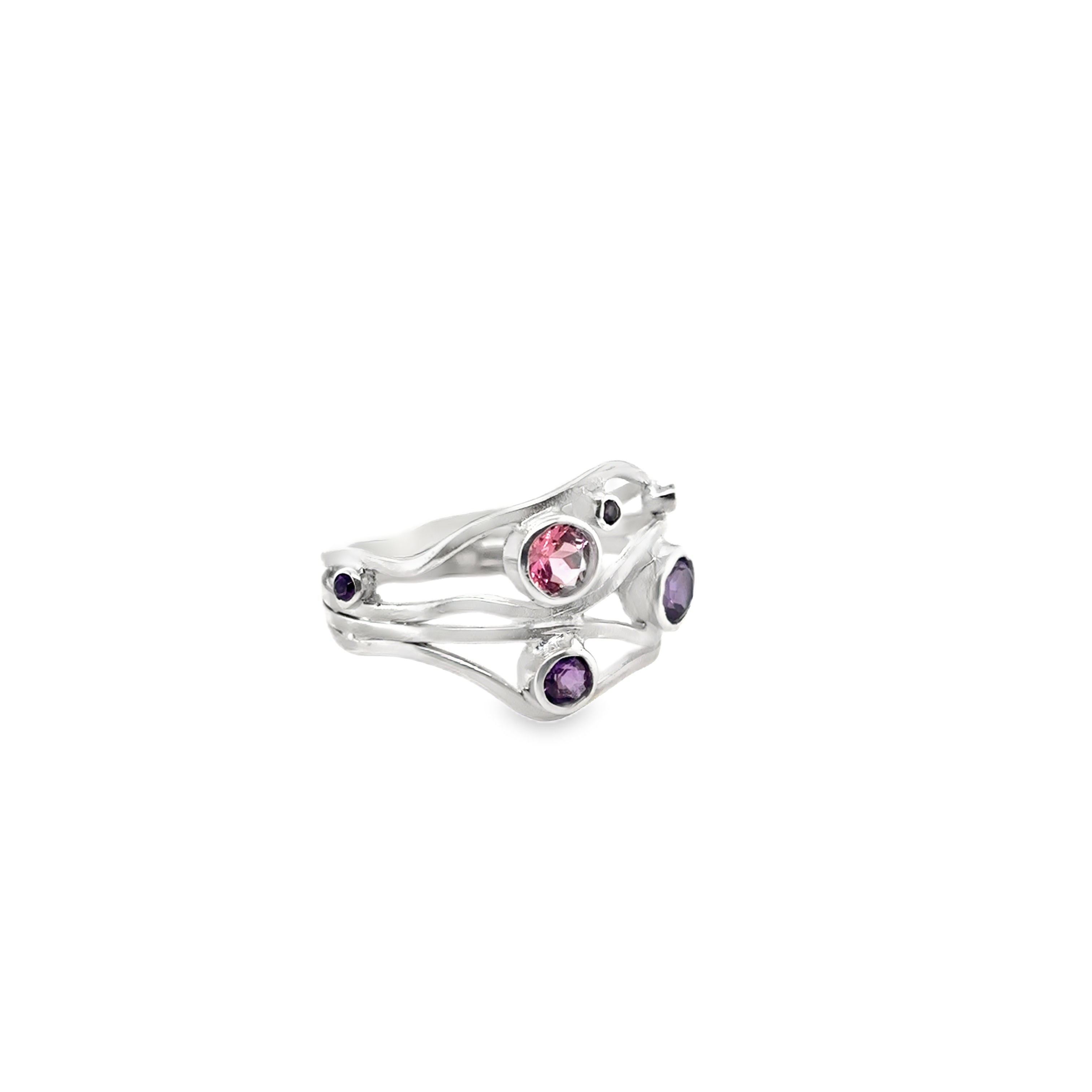 Multistone set on a multi banded shaped sterling silver ring