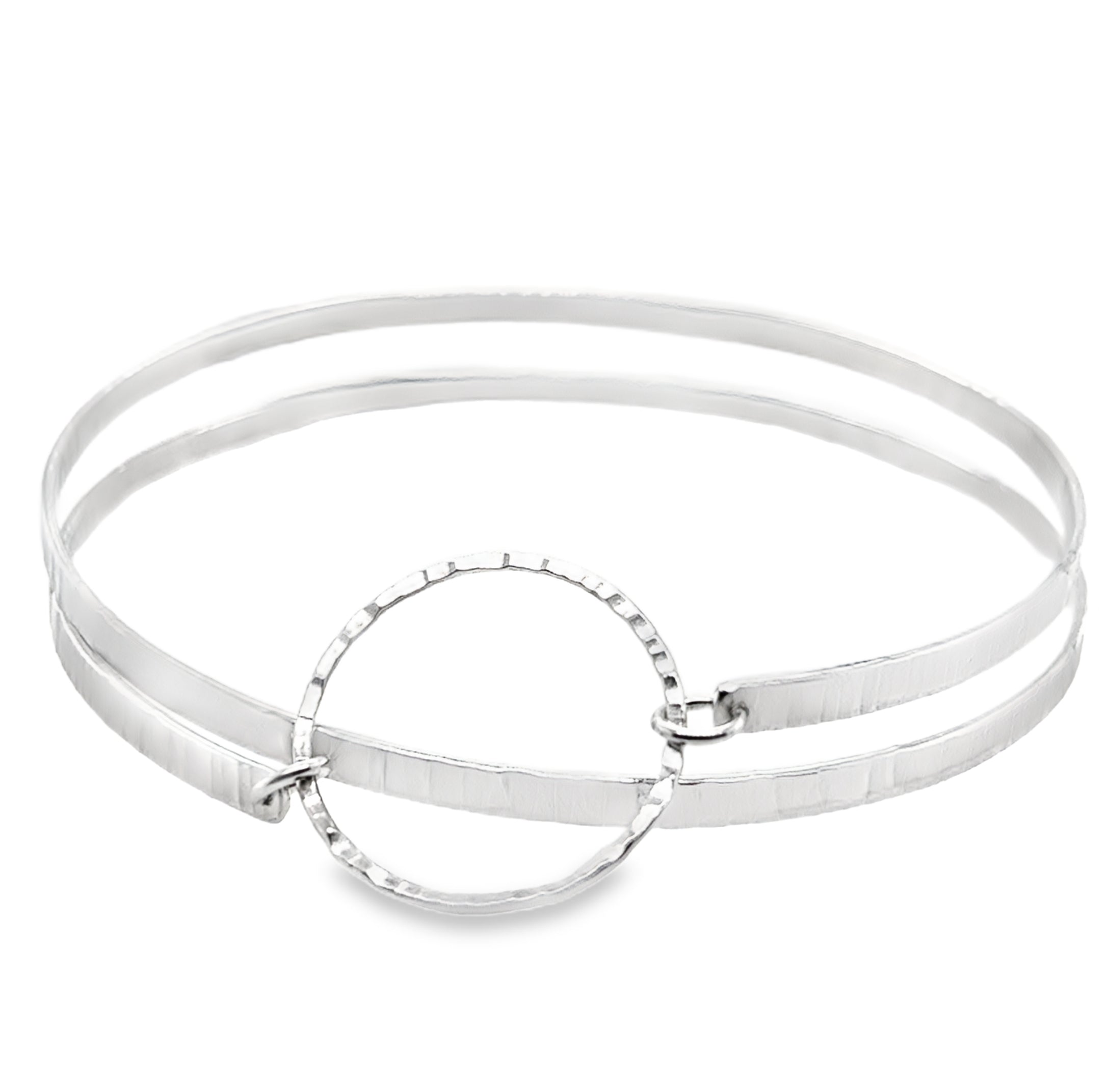 Hammered two spiral textured silver bangle with silver heart