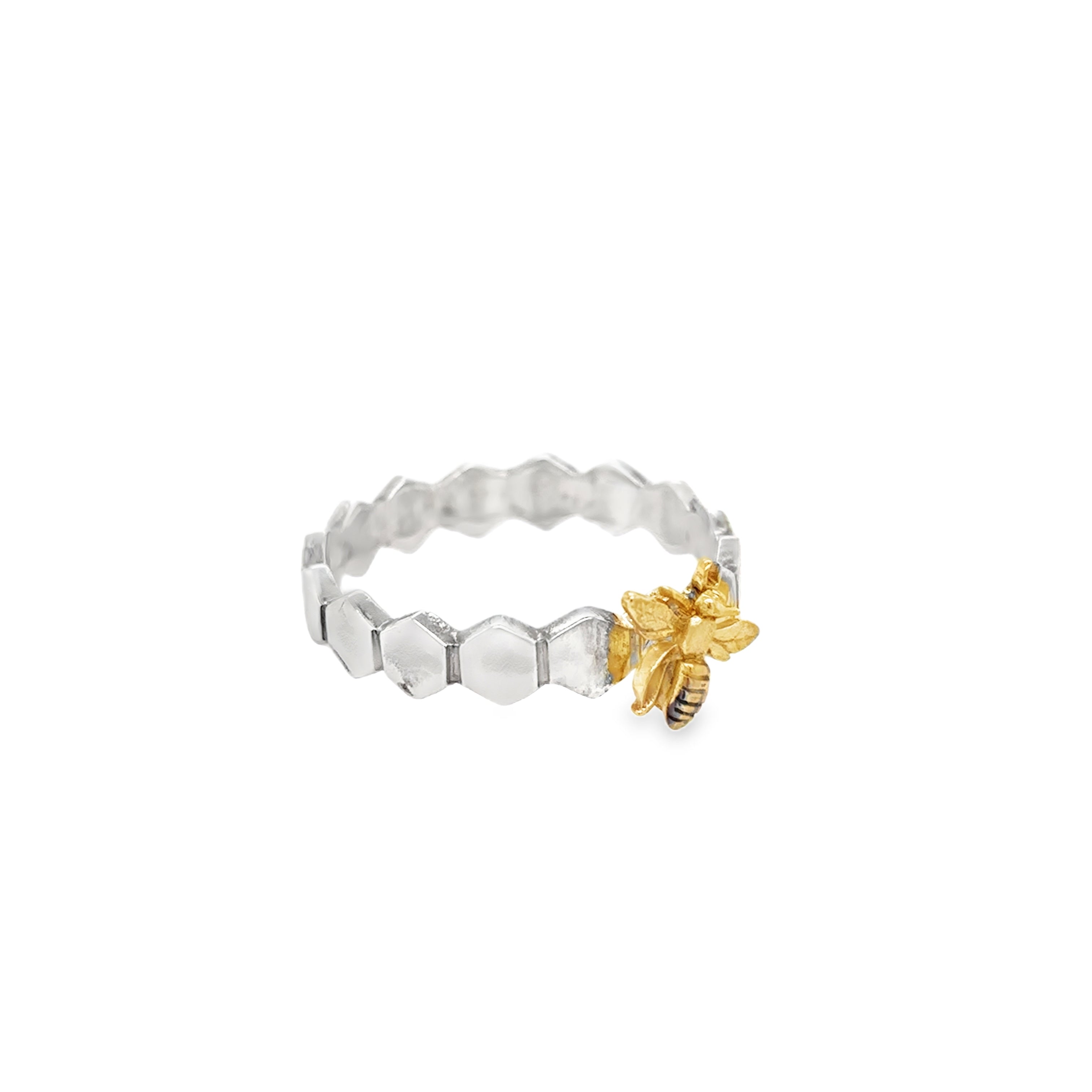 Honeycomb band with 9ct yellow gold bee Ring