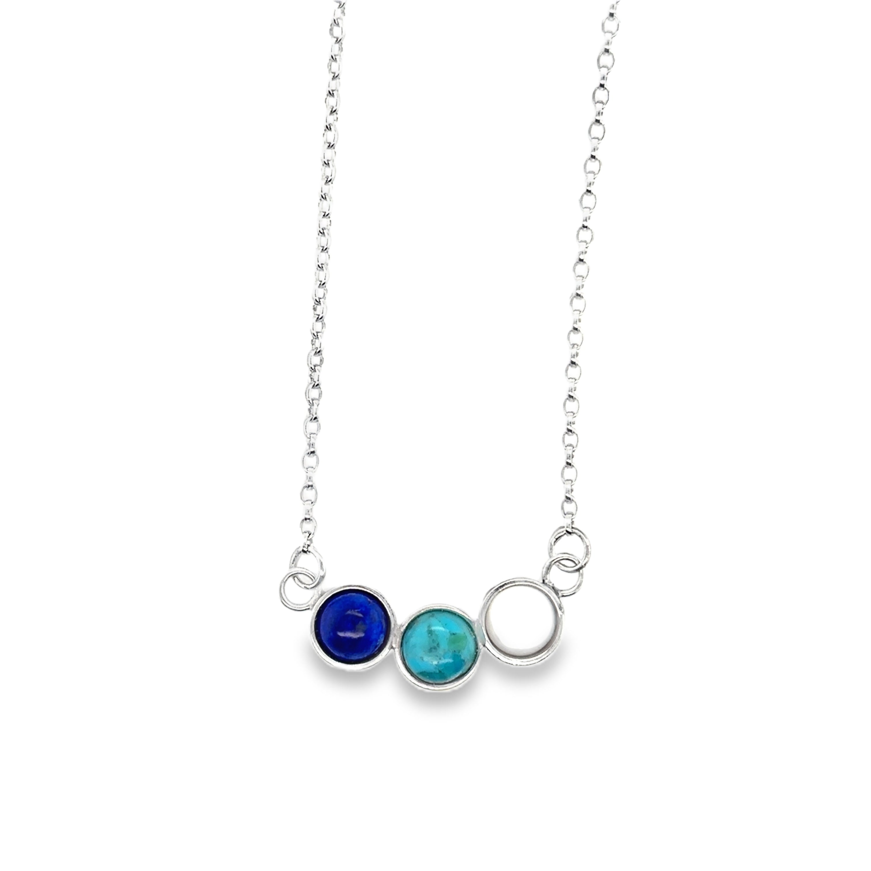 Lapis lazuli, turquoise and mother of pearl in Sterling Silver Necklace