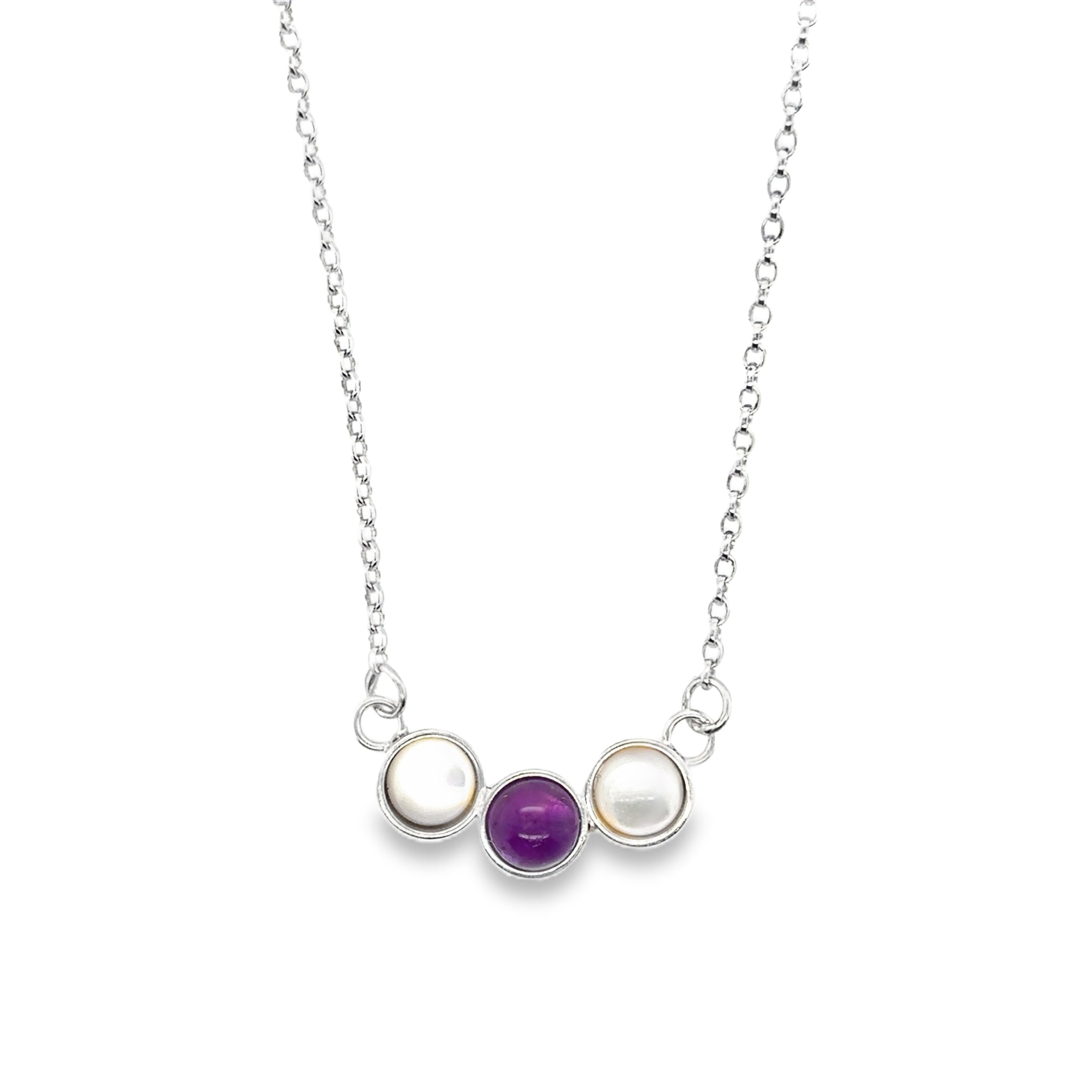 Amethyst and 2 mother of pearl in Sterling Silver Necklace