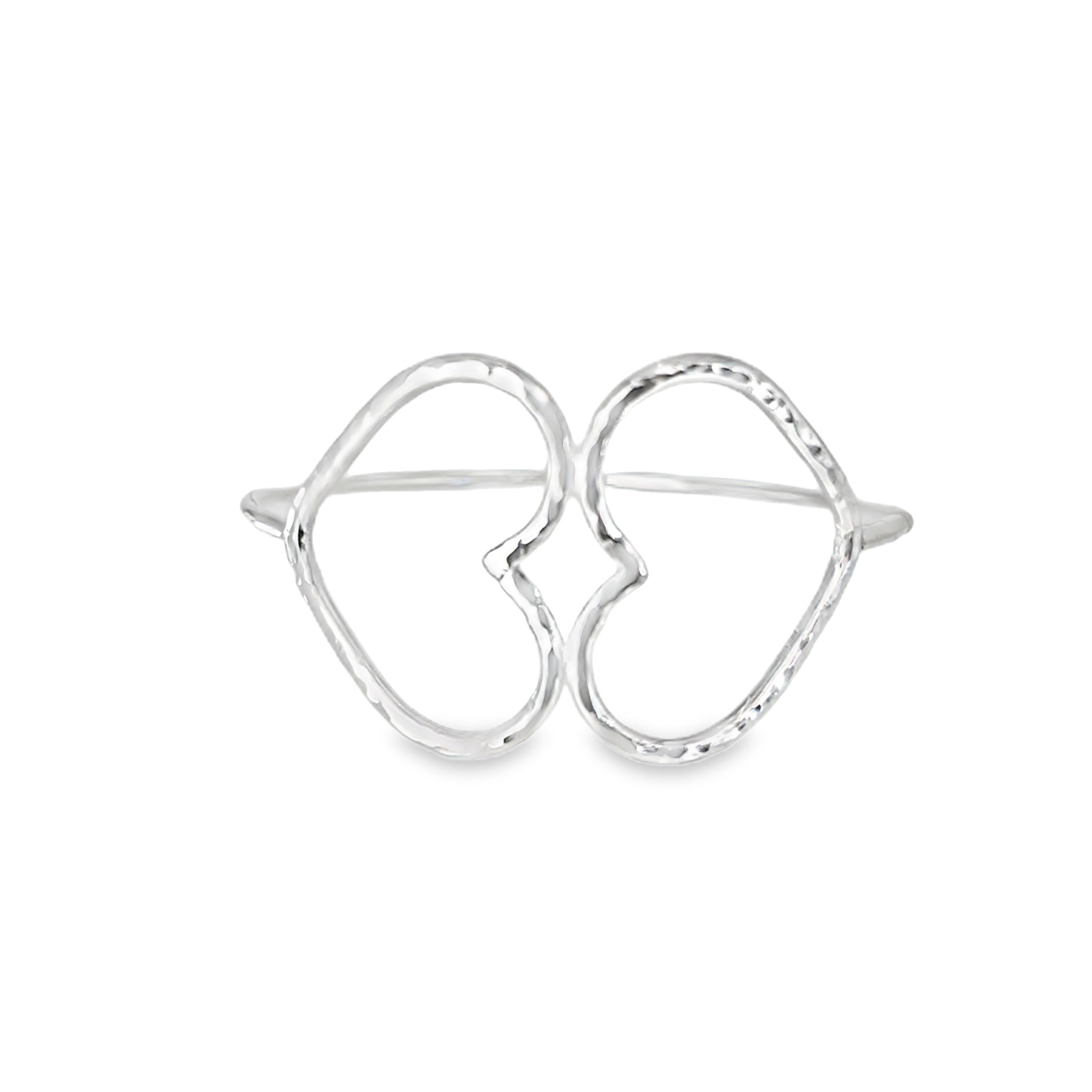 Polished silver oval bangle with two hammered heart